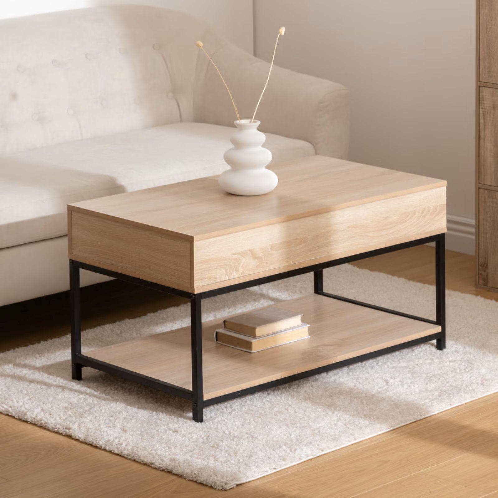 Tavolino contenitore sollevabile 95x51h cm effetto rovere e acciaio nero - Emyl