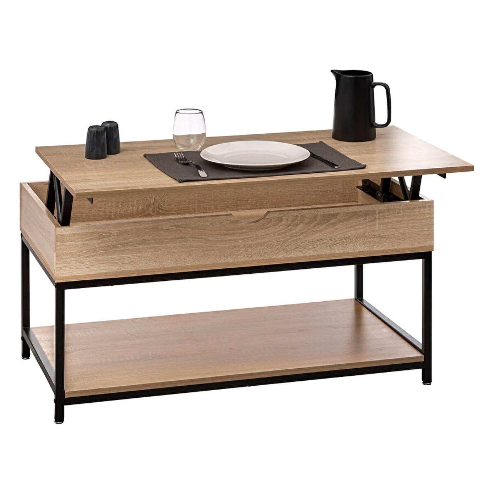 Tavolino contenitore sollevabile 95x51h cm effetto rovere e acciaio nero - Emyl