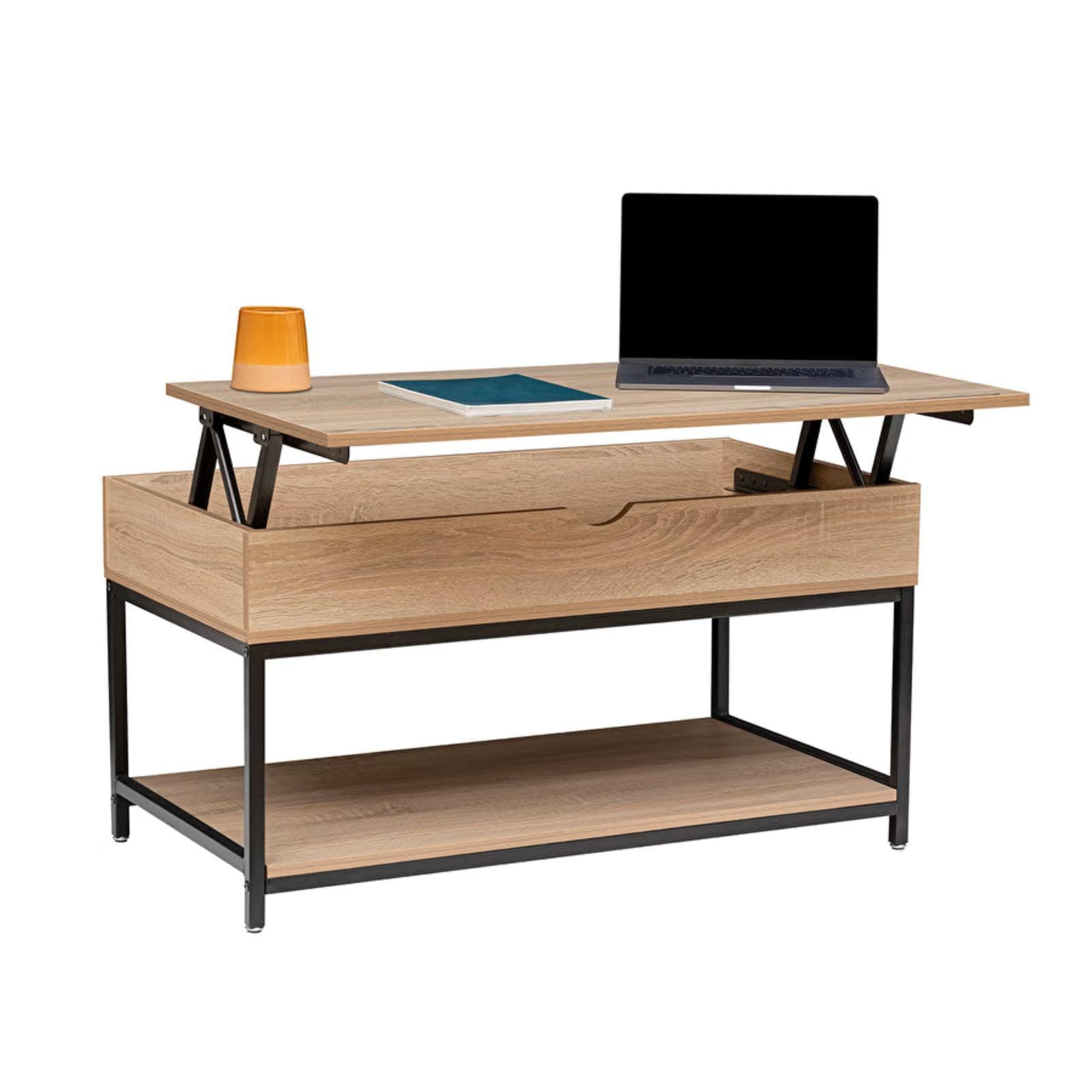 Tavolino contenitore sollevabile 95x51h cm effetto rovere e acciaio nero - Emyl