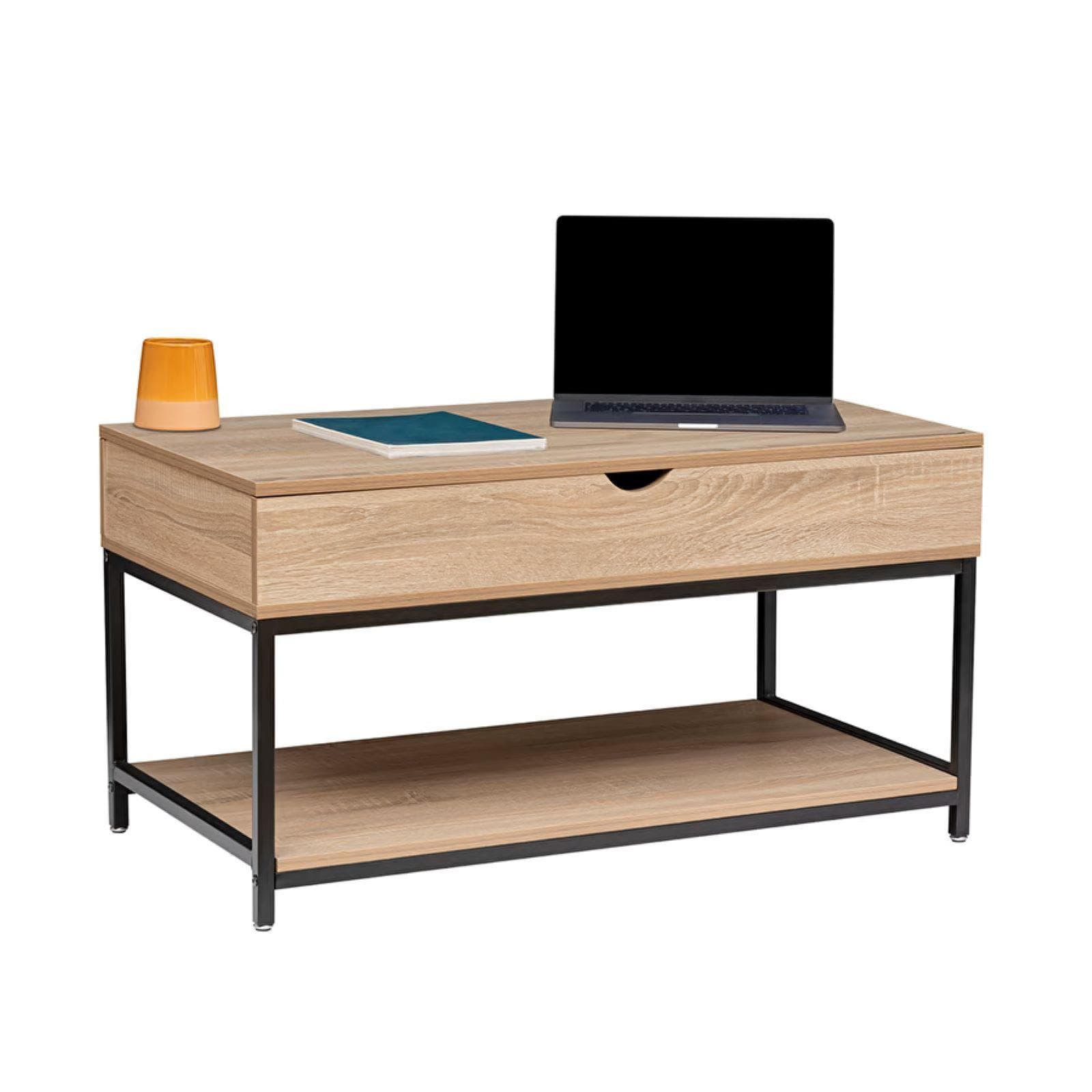 Tavolino contenitore sollevabile 95x51h cm effetto rovere e acciaio nero - Emyl