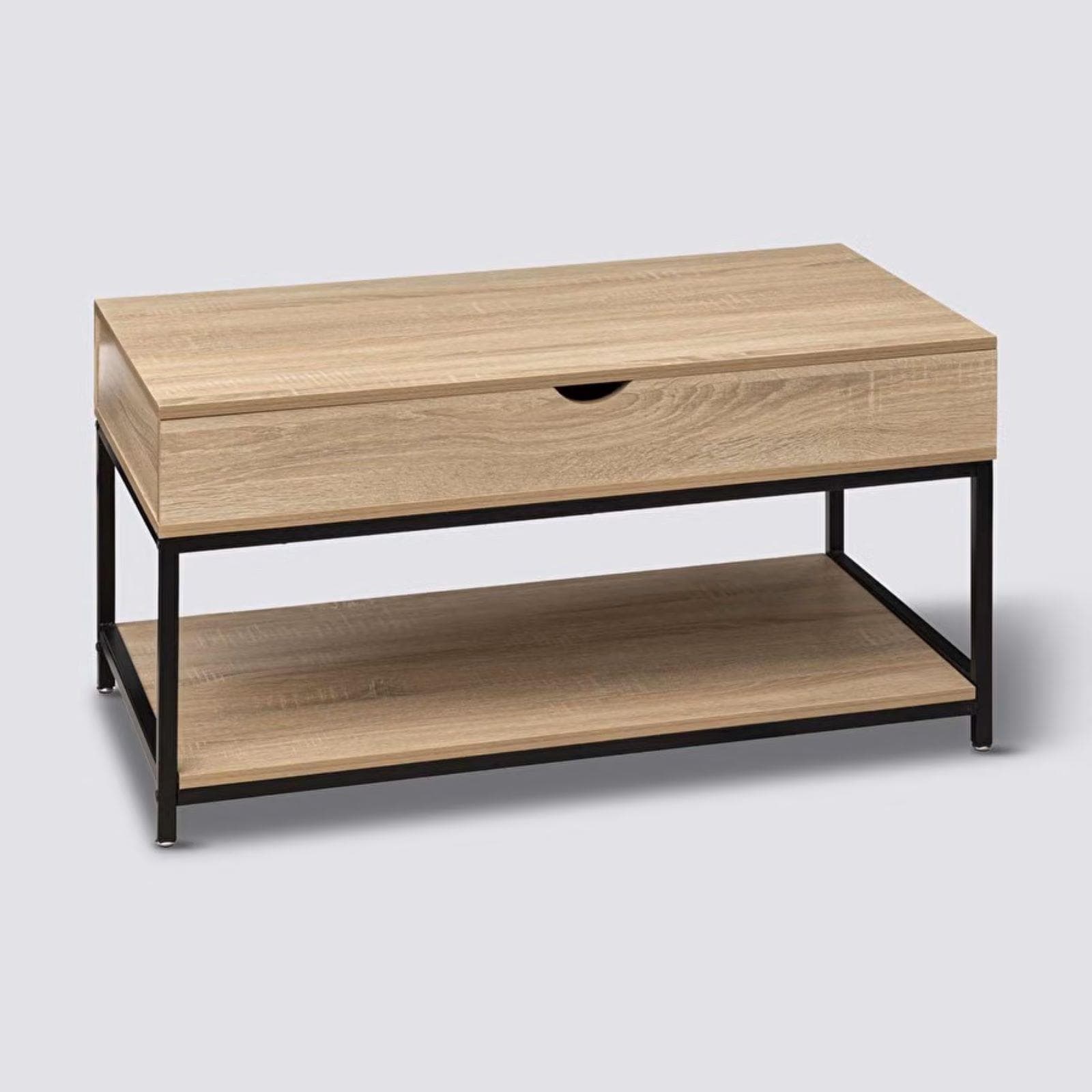 Tavolino contenitore sollevabile 95x51h cm effetto rovere e acciaio nero - Emyl
