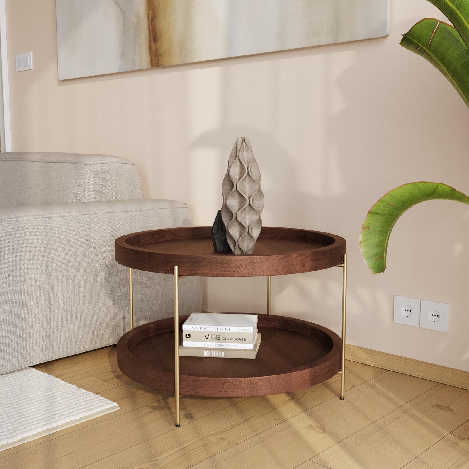 Tavolino rotondo 70 cm in legno di mango effetto noce e metallo - Redondo