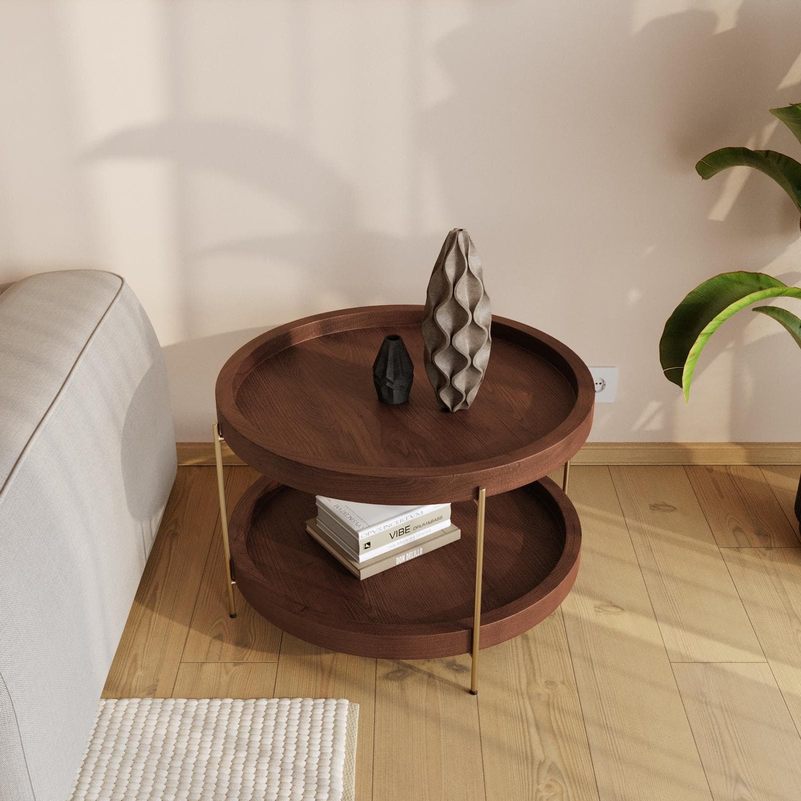 Tavolino rotondo 70 cm in legno di mango effetto noce e metallo - Redondo