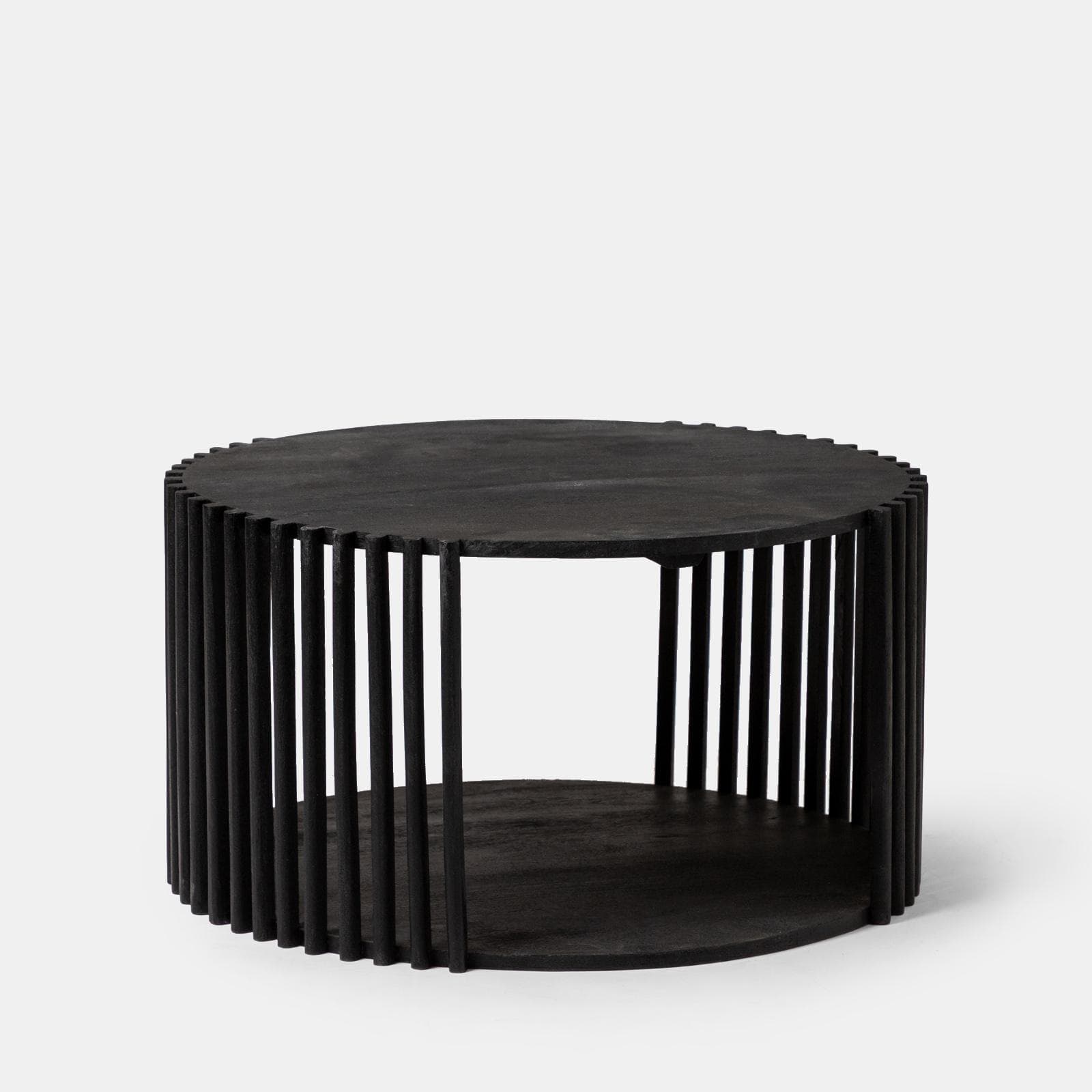 Tavolino rotondo 70 cm in legno di mango nero cannettato con vano portaoggetti - Malua