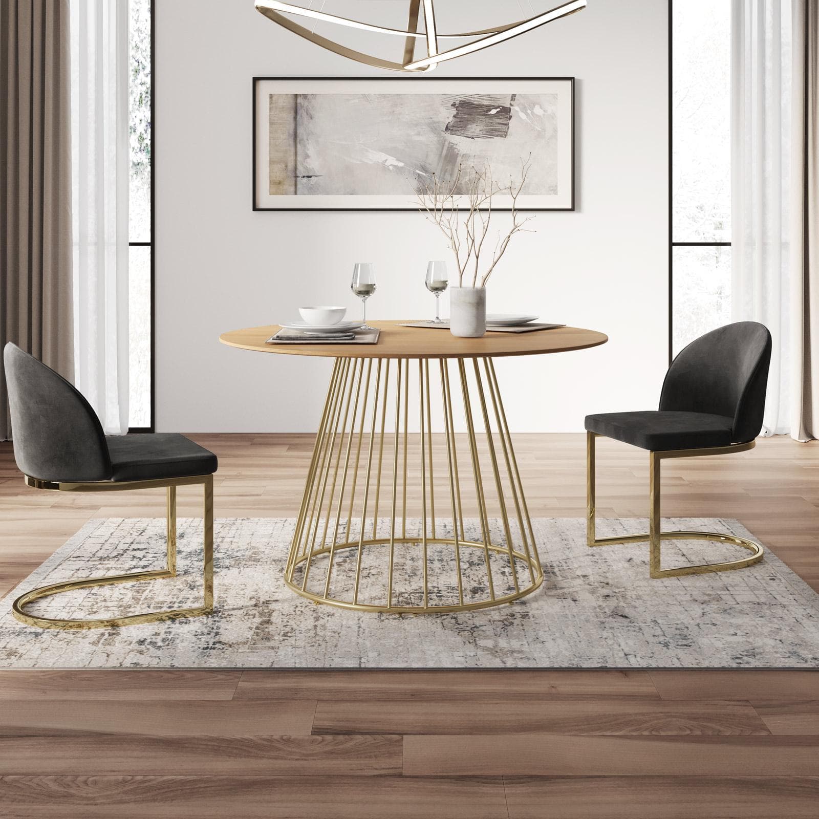 Tavolo da pranzo rotondo 120 cm con piano in rovere e struttura oro - Lizel