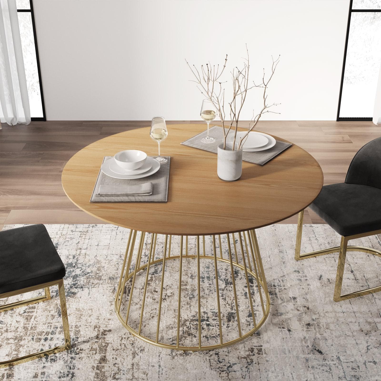 Tavolo da pranzo rotondo 120 cm con piano in rovere e struttura oro - Lizel