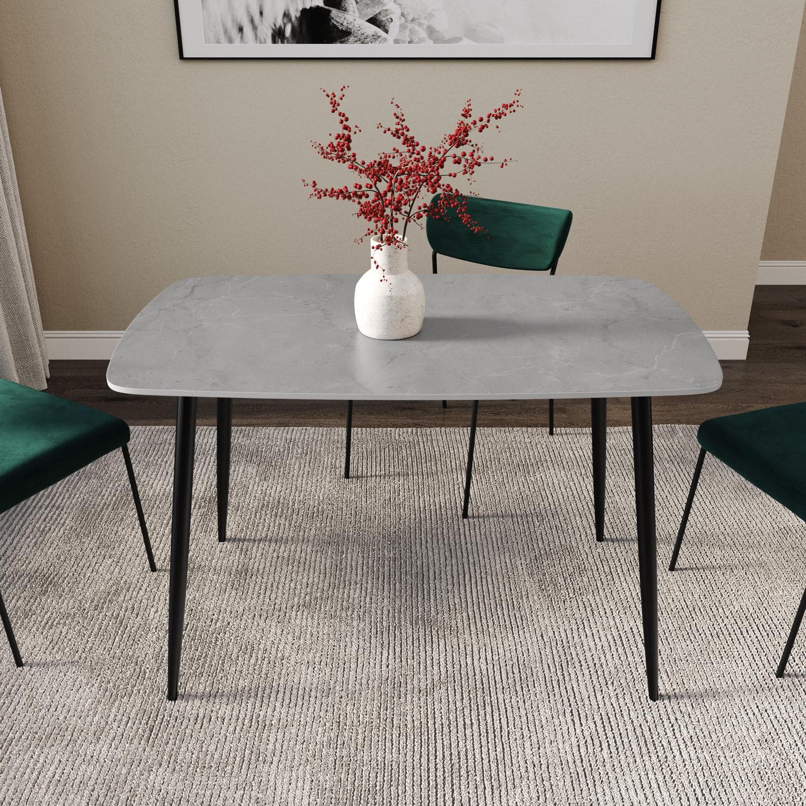 Tavolo 120x70 cm con piano in pietra effetto marmo grigio e gambe in metallo nero - Harvey