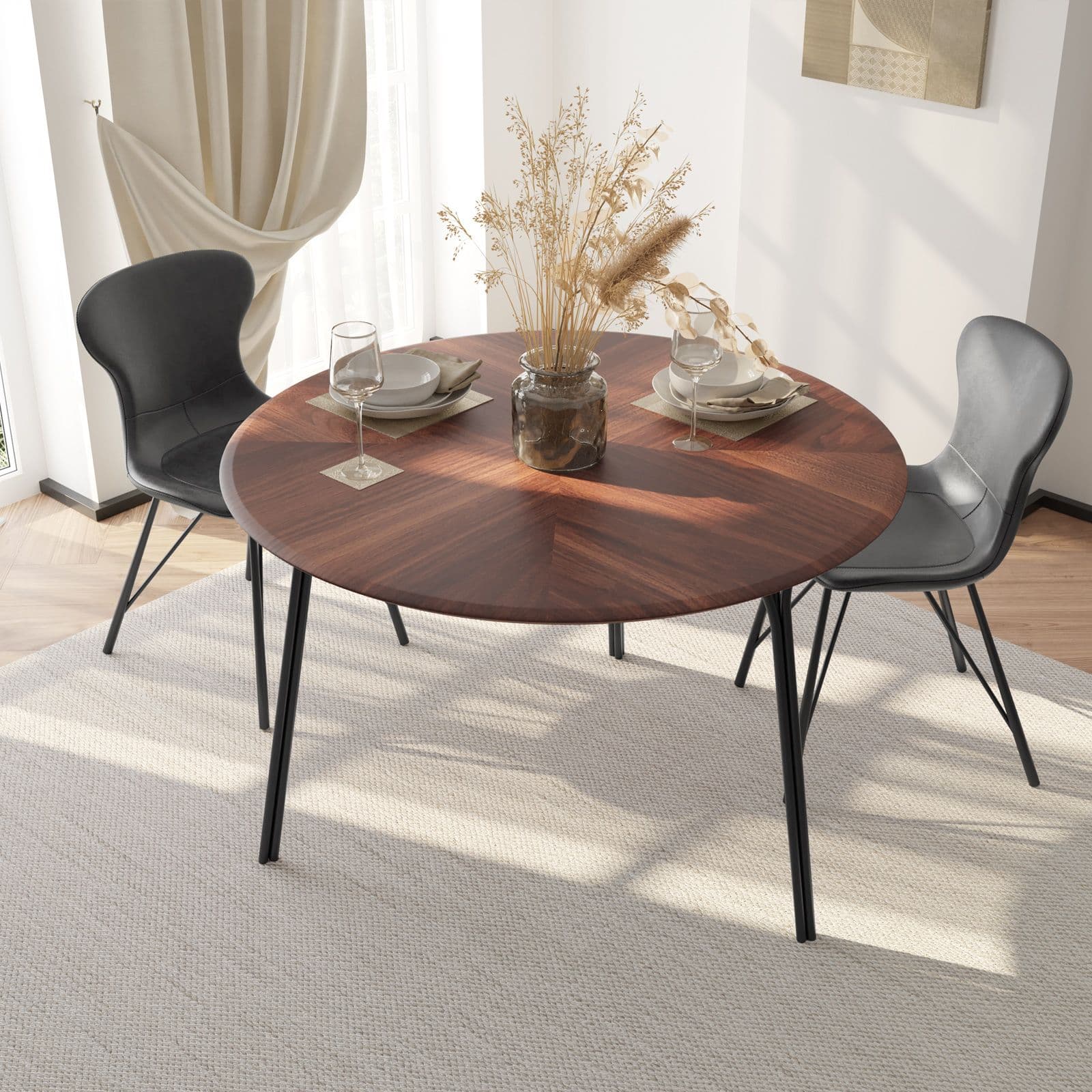 Tavolo da pranzo rotondo 120 cm effetto rovere e gambe in metallo nero - Trico
