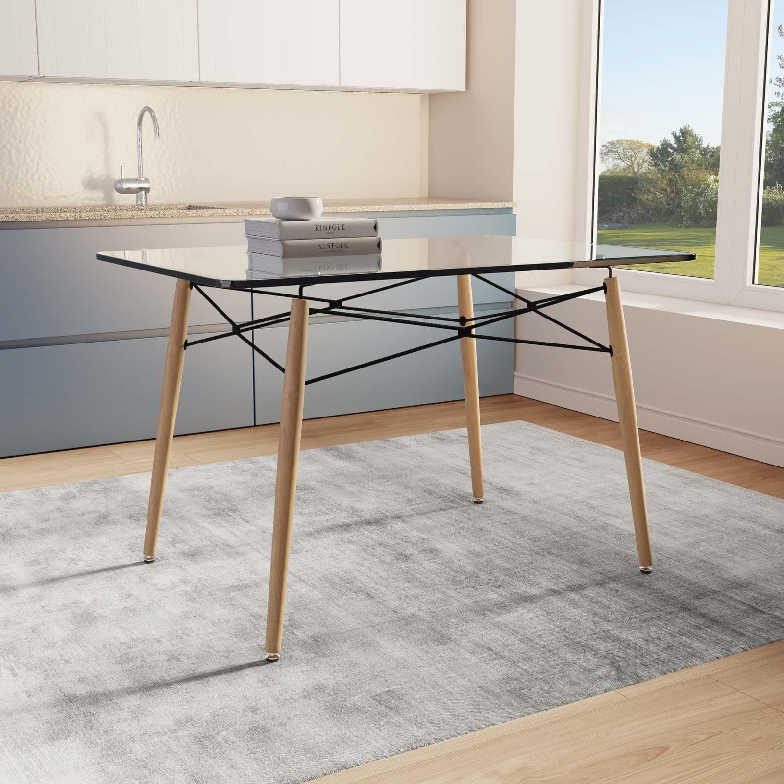 Tavolo 120x80 cm con piano in vetro e gambe in legno di faggio - Kins