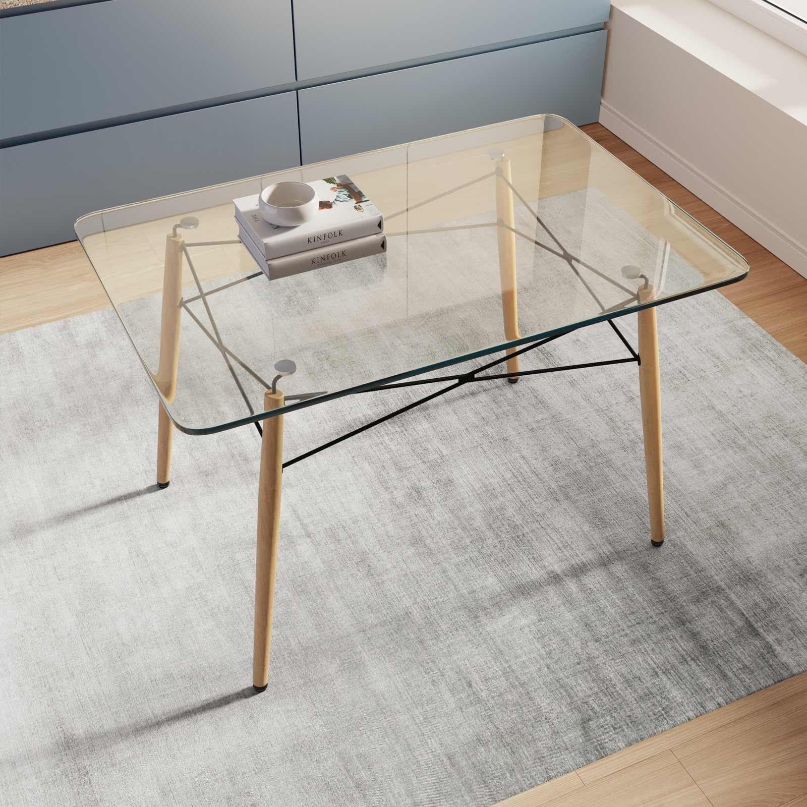 Tavolo 120x80 cm con piano in vetro e gambe in legno di faggio - Kins