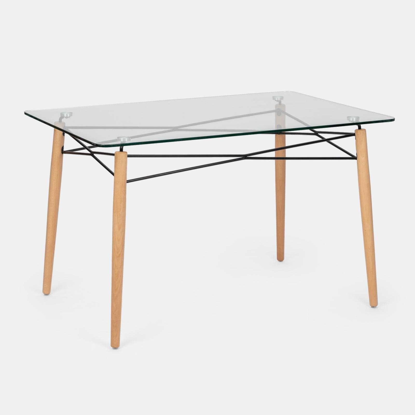 Tavolo 120x80 cm con piano in vetro e gambe in legno di faggio - Kins