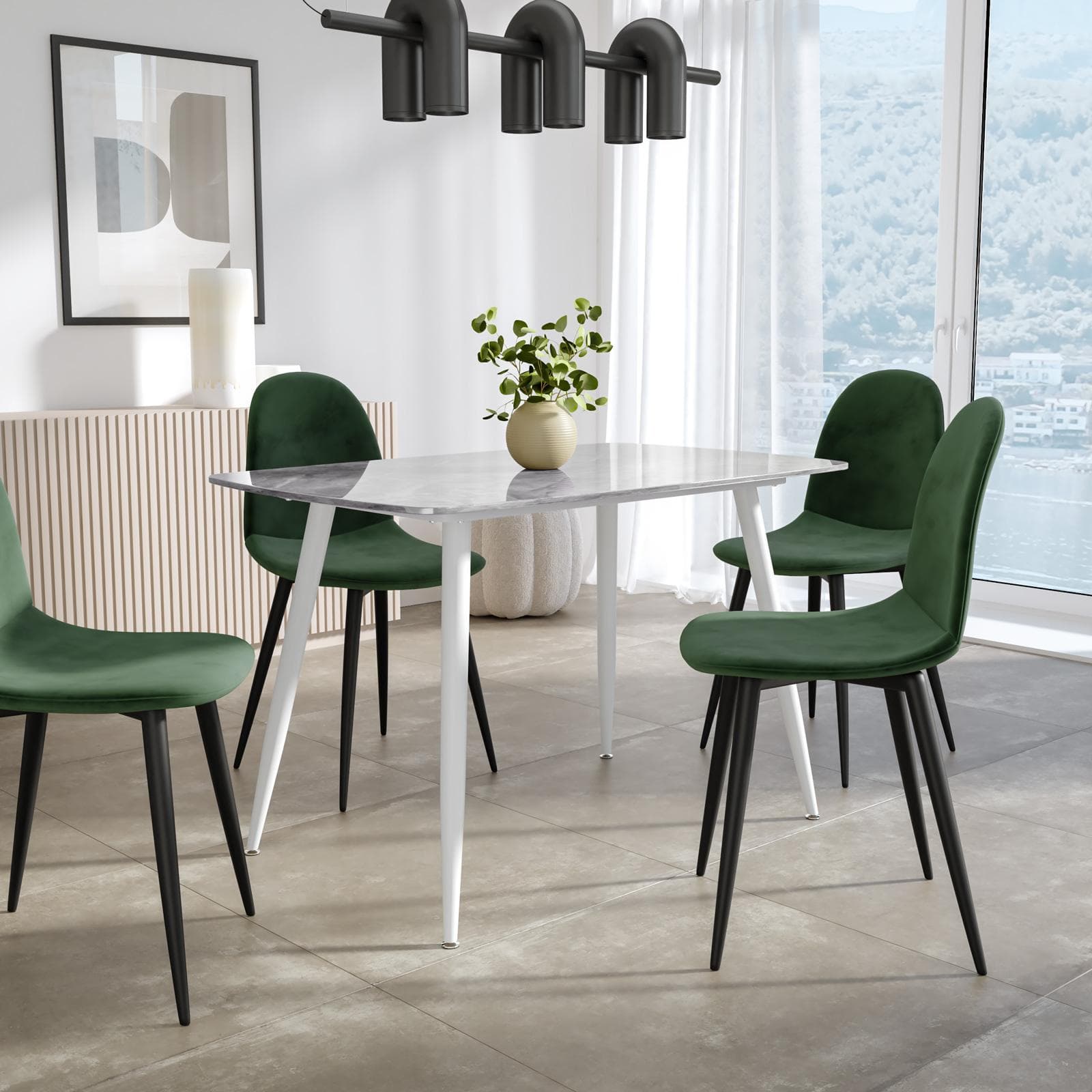 Tavolo 120x75 cm con piano in ceramica effetto marmo grigio chiaro e gambe in metallo bianco - Azure