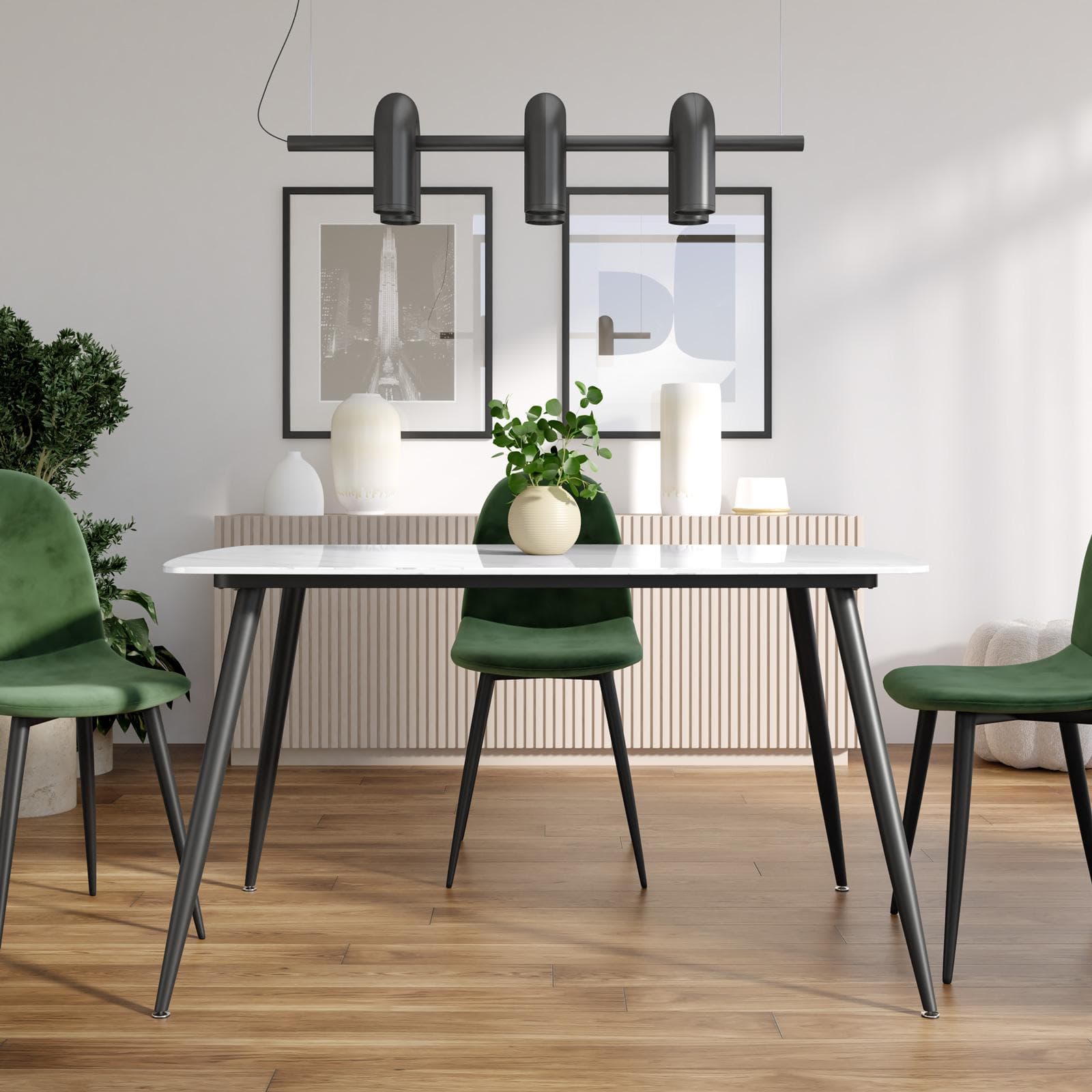 Tavolo 140x80 cm con piano in ceramica effetto marmo bianco e gambe in metallo nero - Azure
