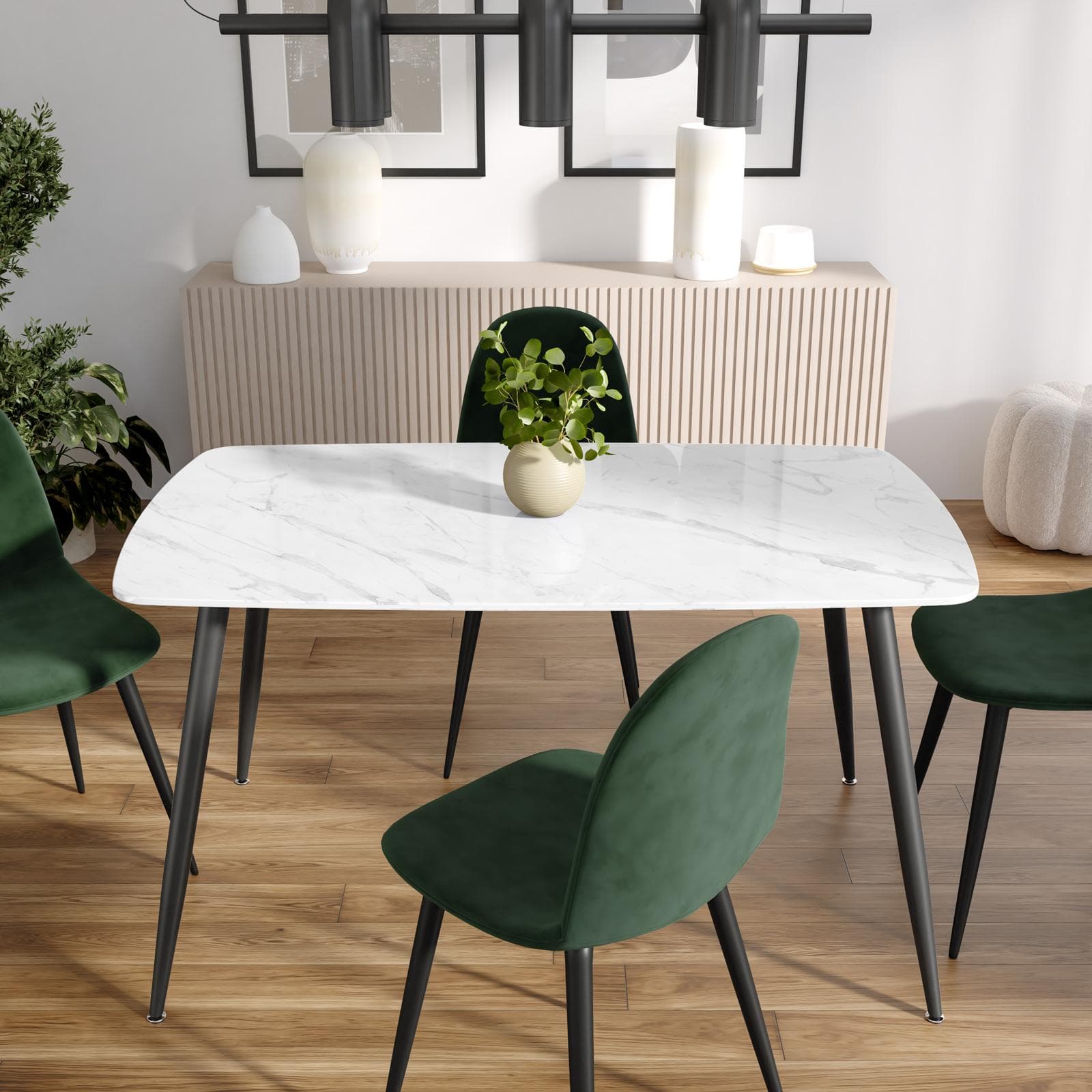 Tavolo 140x80 cm con piano in ceramica effetto marmo bianco e gambe in metallo nero - Azure
