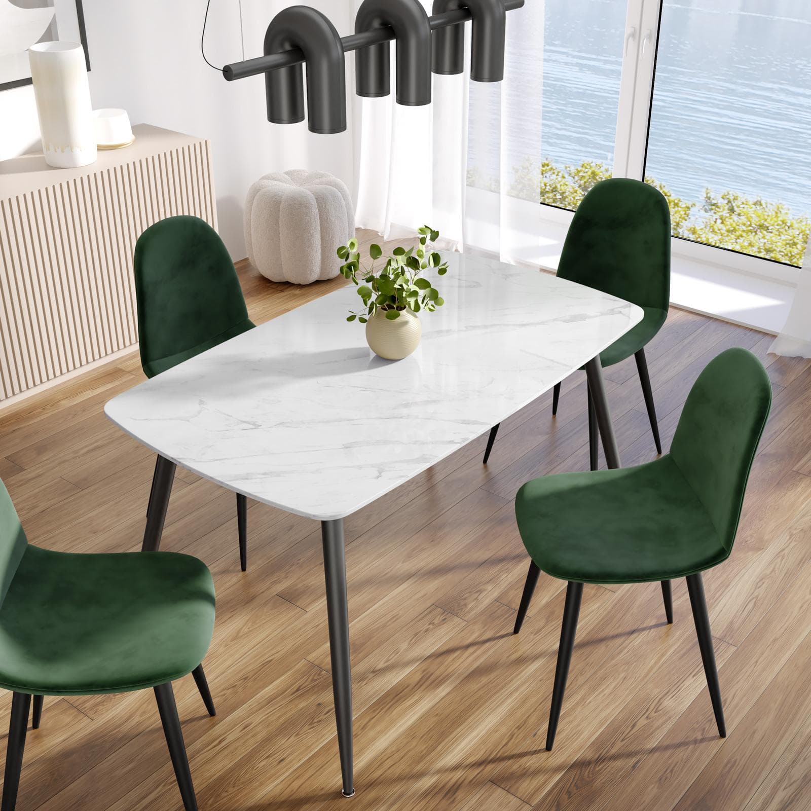 Tavolo 140x80 cm con piano in ceramica effetto marmo bianco e gambe in metallo nero - Azure