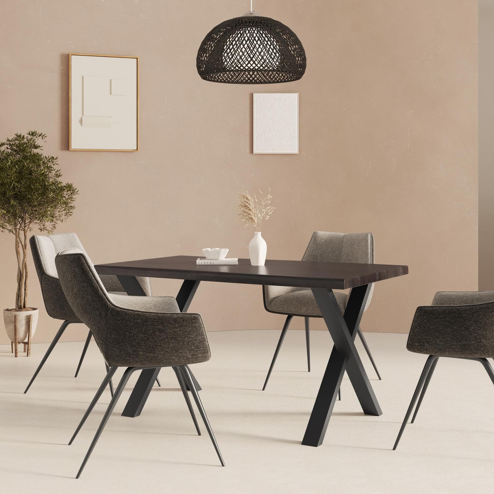 Tavolo 140x90 cm piano in legno di acacia nero 55 mm e gambe a X 8x4 in metallo nero - Freia Acacia