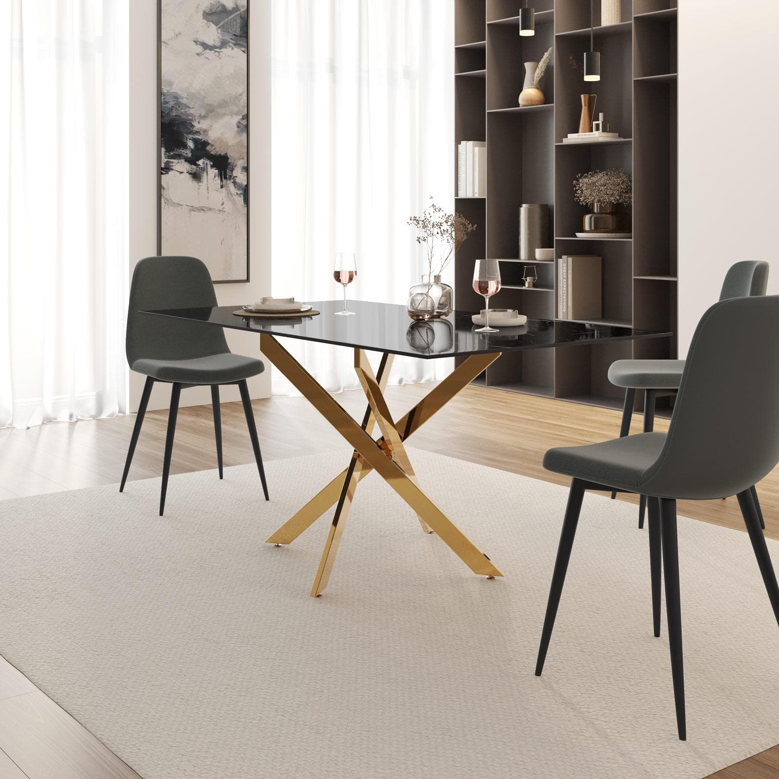 Tavolo 150x80 cm piano in vetro effetto marmo nero 10 mm e gambe incrociate oro - Noel