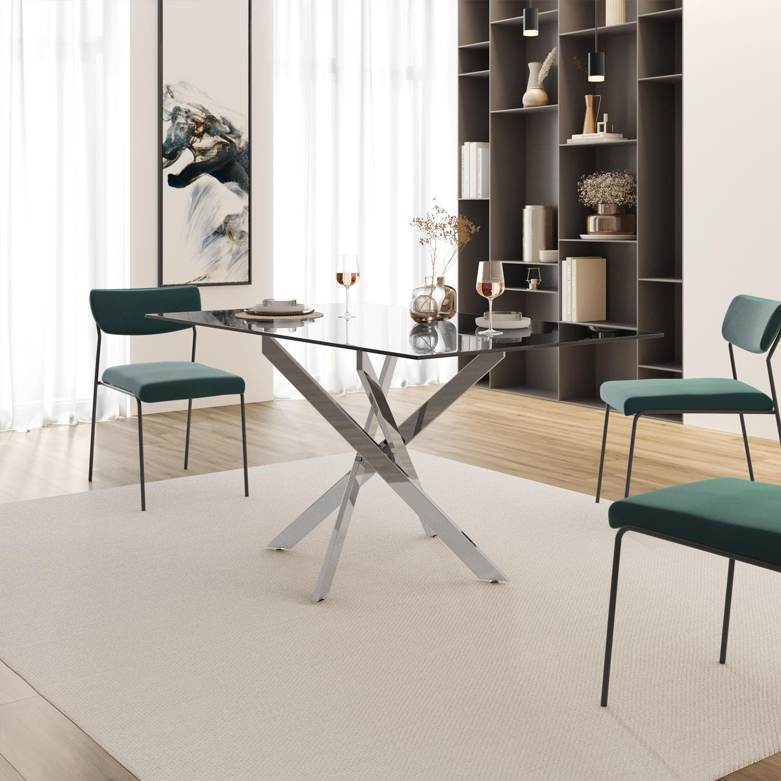 Tavolo 150x80 cm piano in vetro fumè 10 mm e gambe incrociate cromo - Noel
