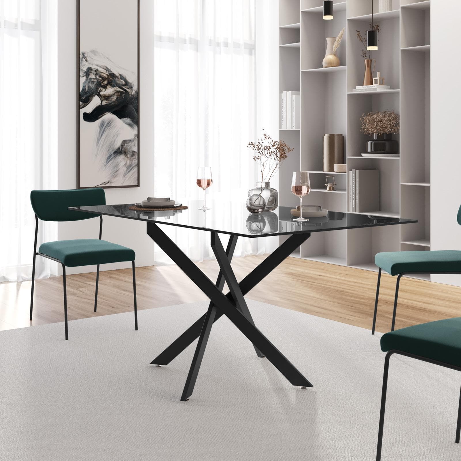 Tavolo 150x80 cm piano in vetro fumè 10 mm e gambe incrociate nere - Noel