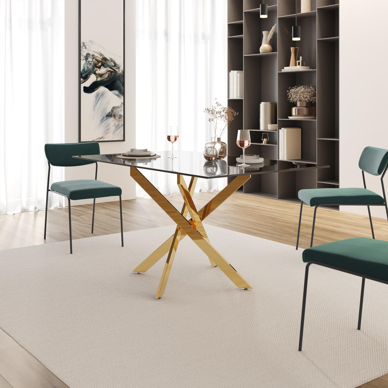 Tavolo 150x80 cm piano in vetro fumè 10 mm e gambe incrociate oro - Noel