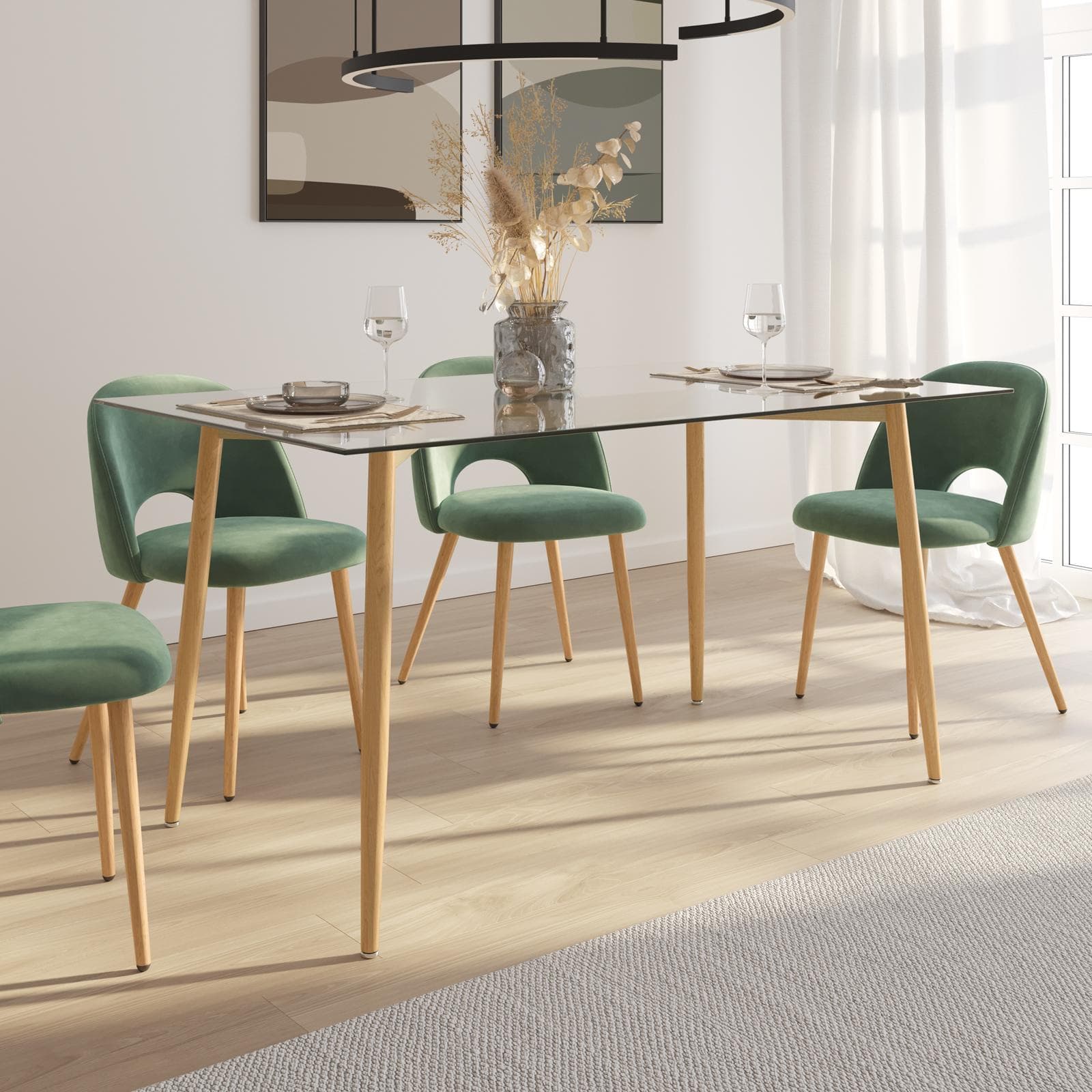 Tavolo 150x90 cm con piano in vetro e gambe rovere - Derry
