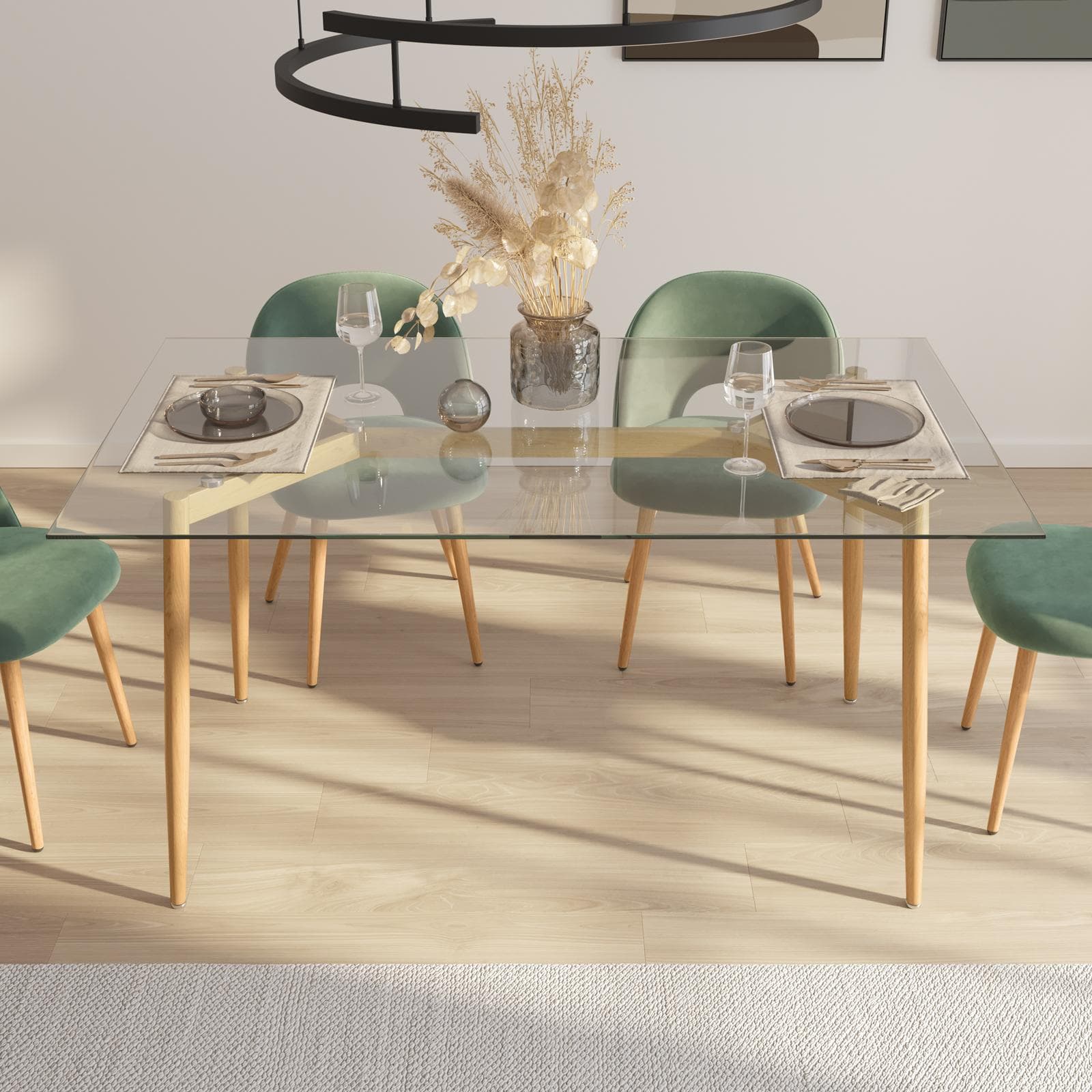 Tavolo 150x90 cm con piano in vetro e gambe rovere - Derry