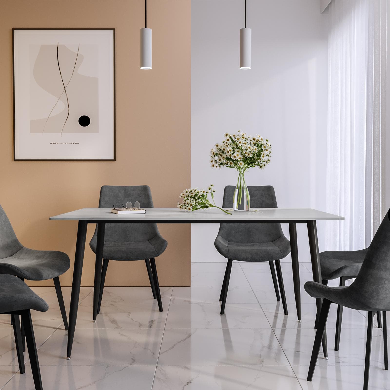 Tavolo 150x90 cm piano in pietra effetto marmo e gambe in metallo nero - Shore