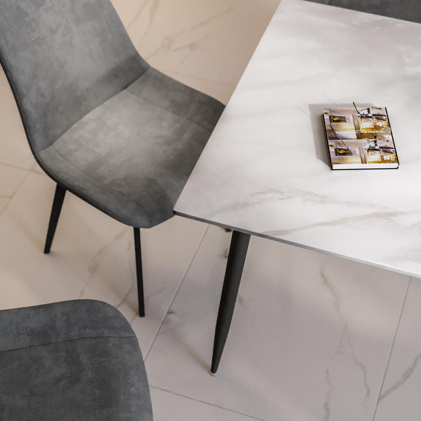 Tavolo 150x90 cm piano in pietra effetto marmo e gambe in metallo nero - Shore