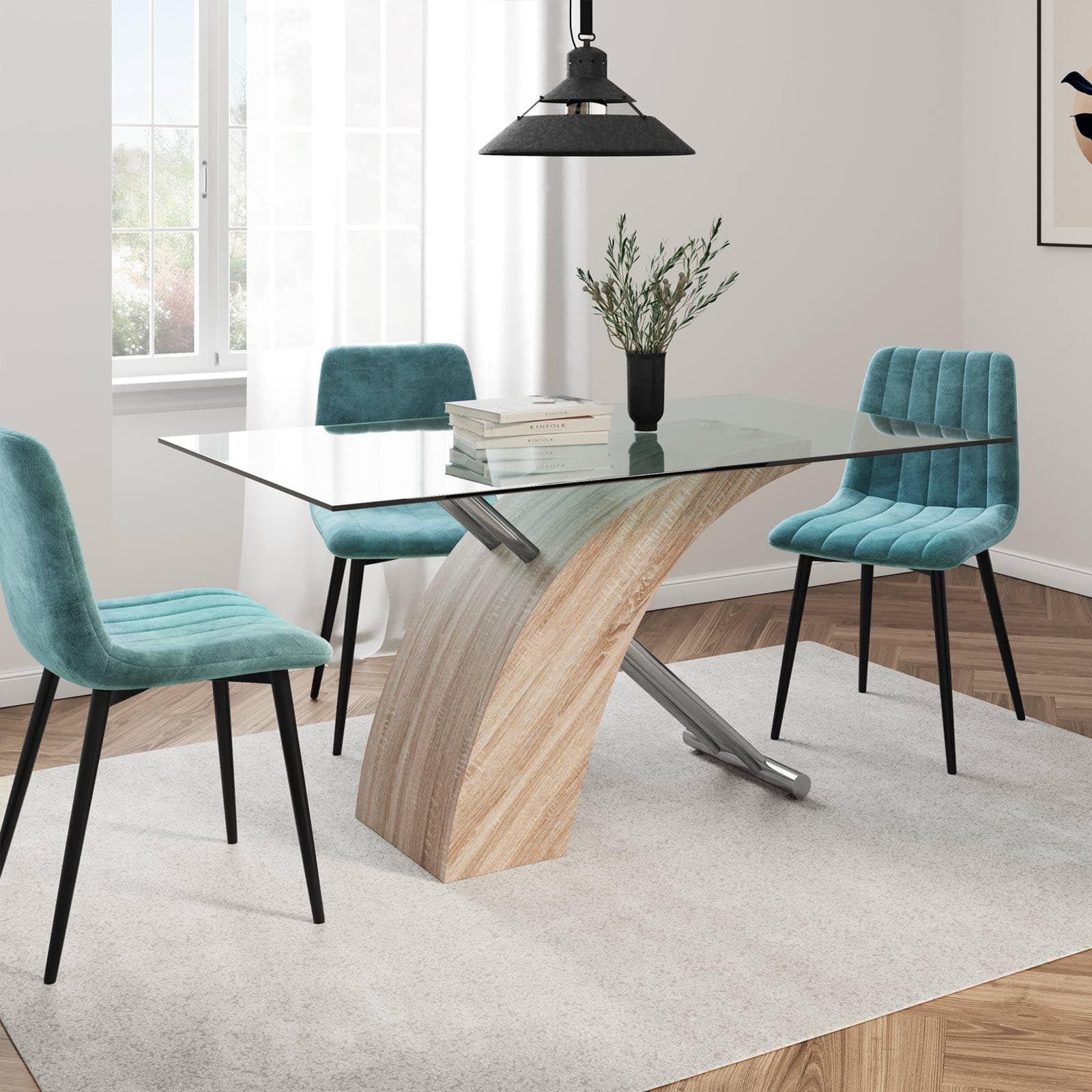 Tavolo 150x90 cm piano in vetro e gambe incrociate in legno e metallo - Tsunami