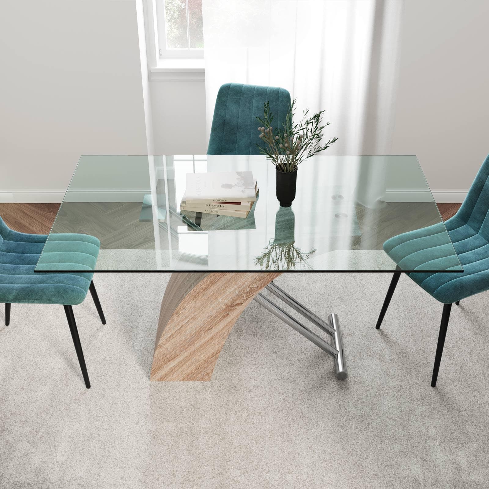 Tavolo 150x90 cm piano in vetro e gambe incrociate in legno e metallo - Tsunami