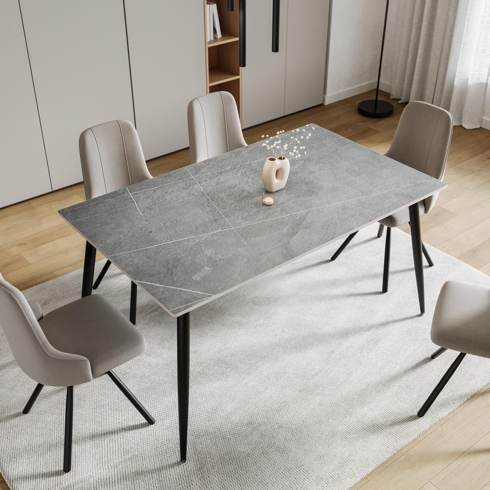 Tavolo 150x90 cm top effetto ceramica grigio e gambe in metallo nero - Vinfred