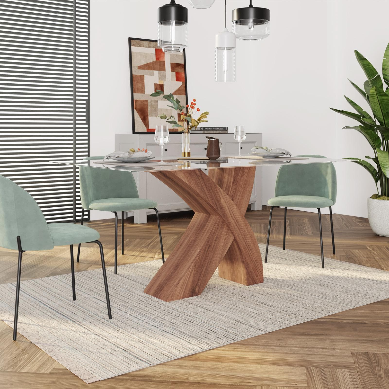 Tavolo 160x100 cm con piano in vetro e gambe rovere - Aiden
