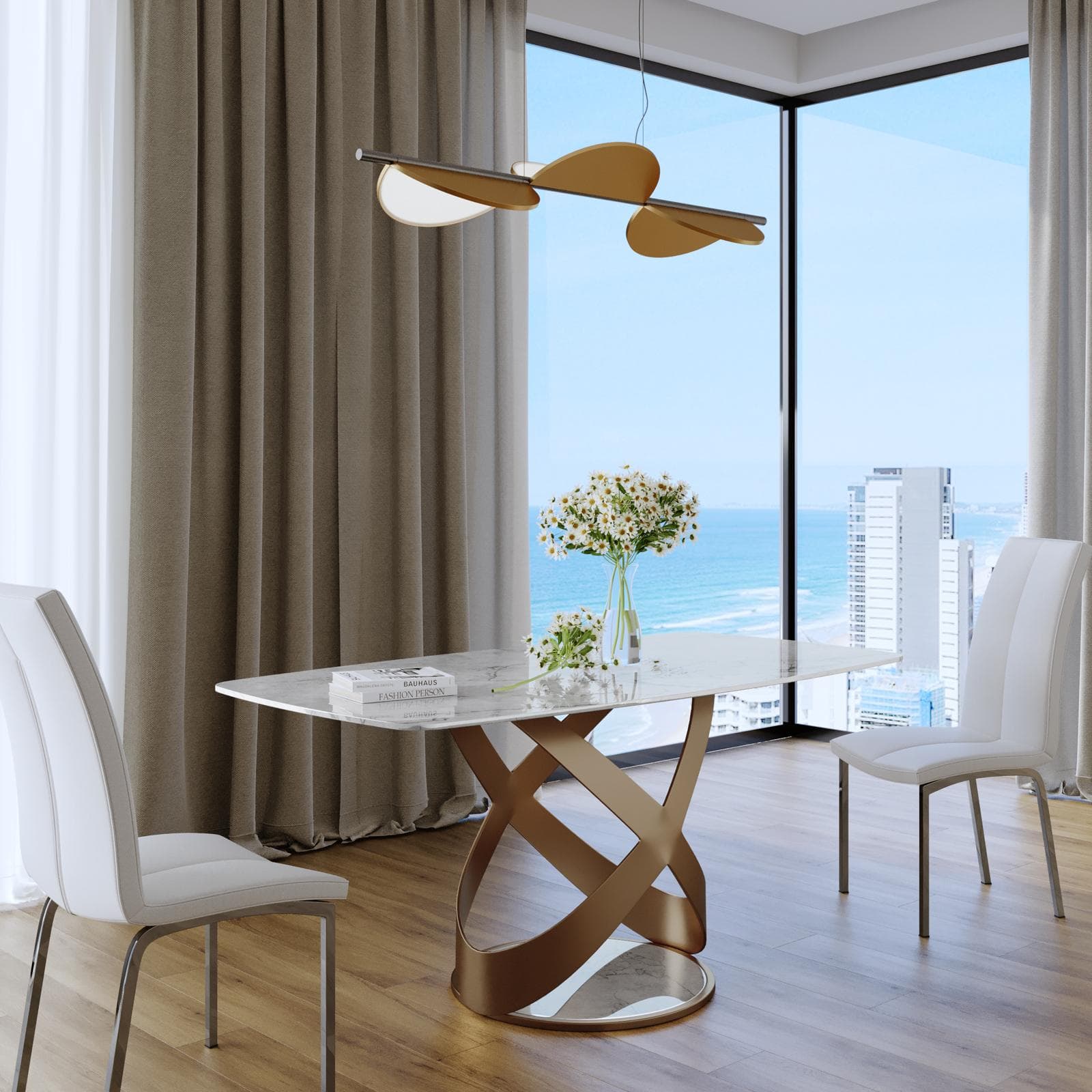 Tavolo 160x90 cm con piano effetto marmo perlato e gambe rame opaco - Remarq