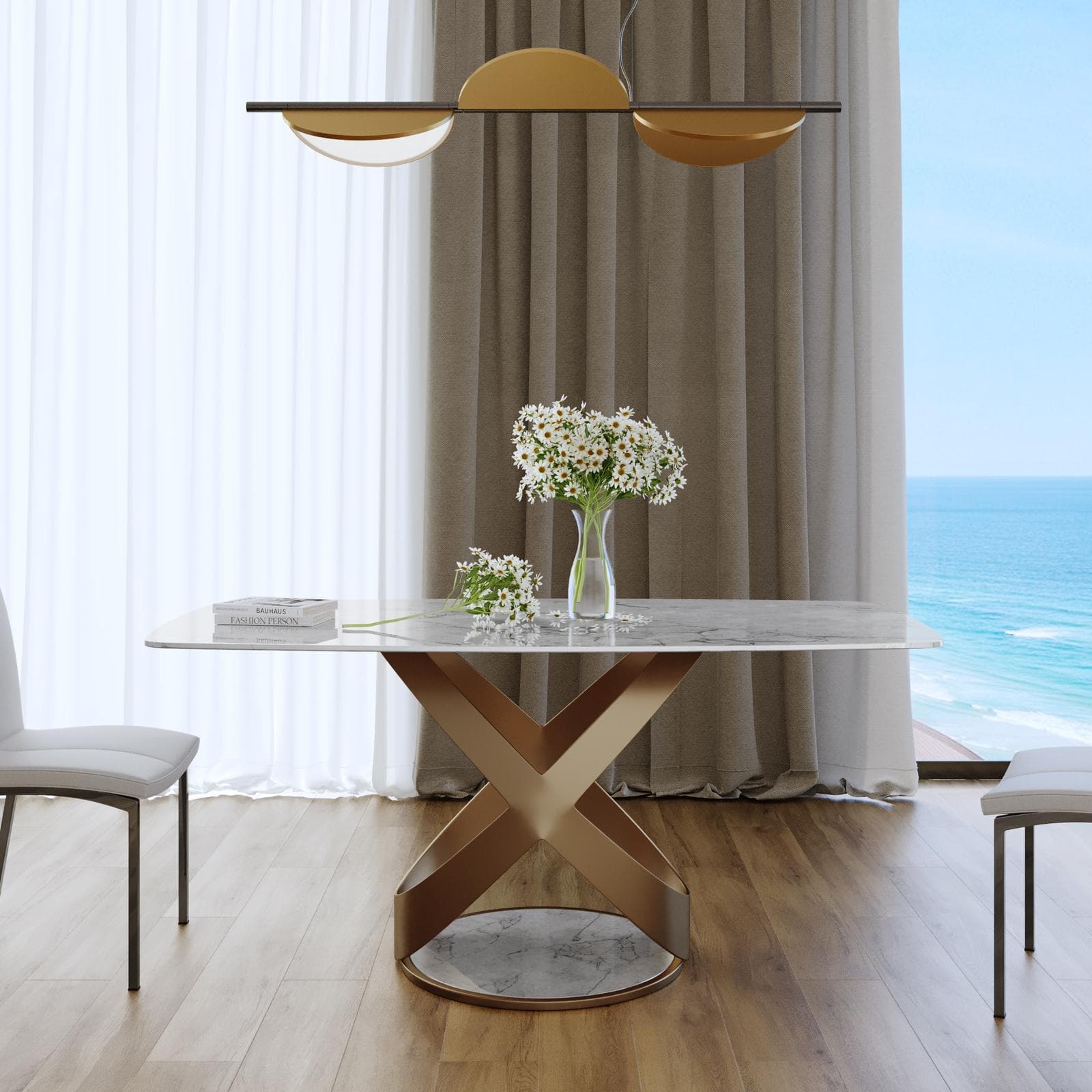 Tavolo 160x90 cm con piano effetto marmo perlato e gambe rame opaco - Remarq