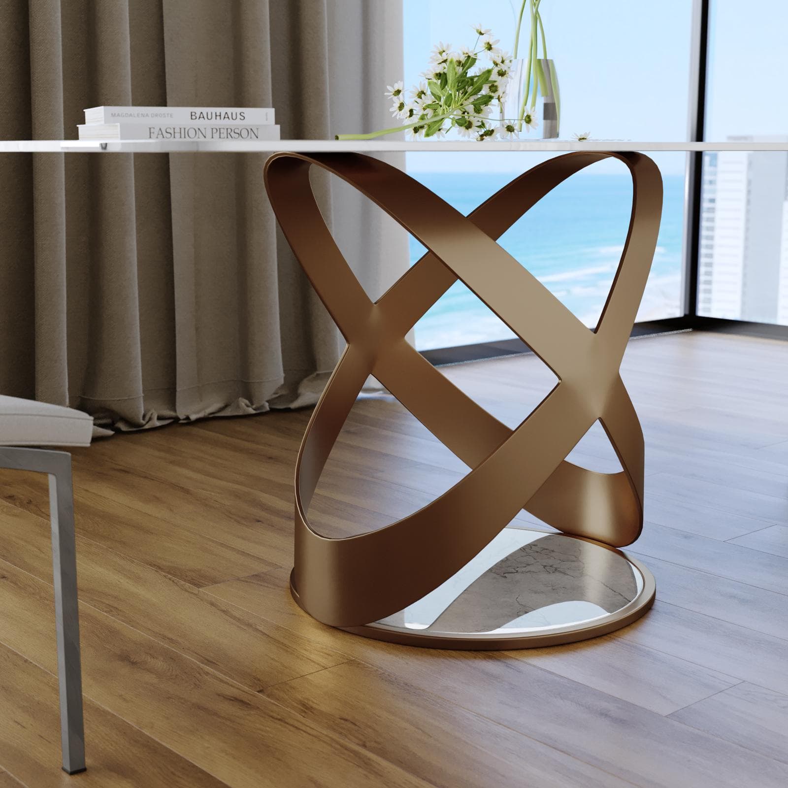 Tavolo 160x90 cm con piano effetto marmo perlato e gambe rame opaco - Remarq