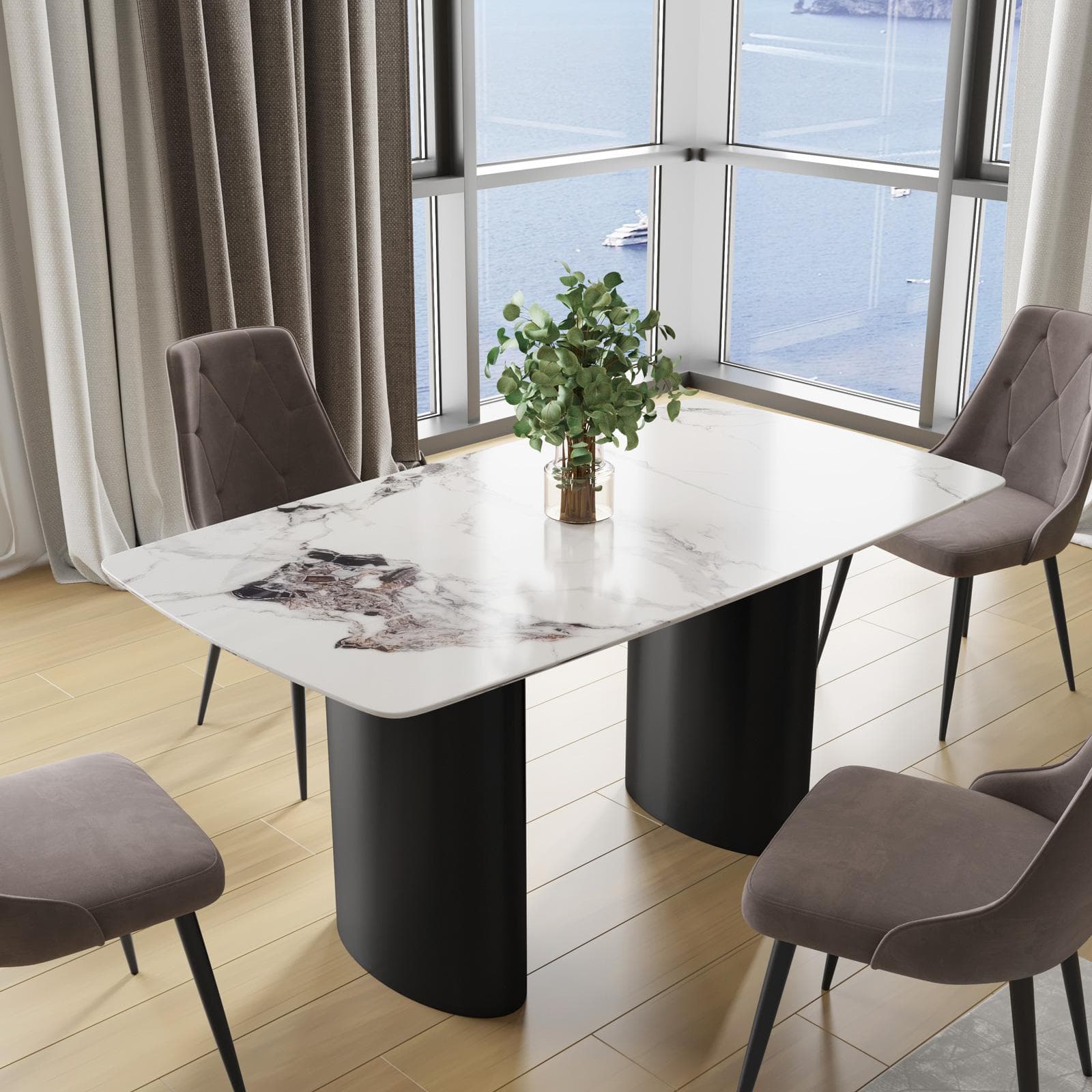 Tavolo 160x90 cm con piano in ceramica effetto marmo perlato e gambe nero lucido - Arcus