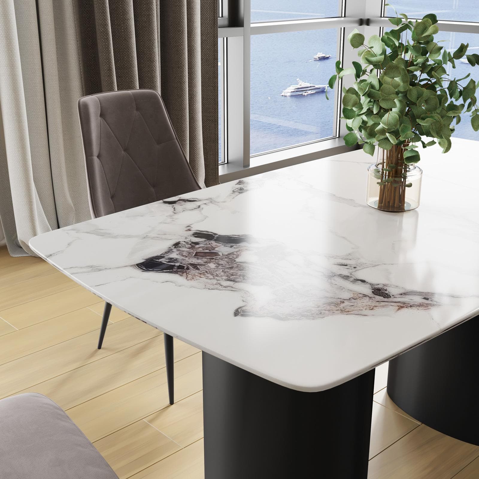 Tavolo 160x90 cm con piano in ceramica effetto marmo perlato e gambe nero lucido - Arcus