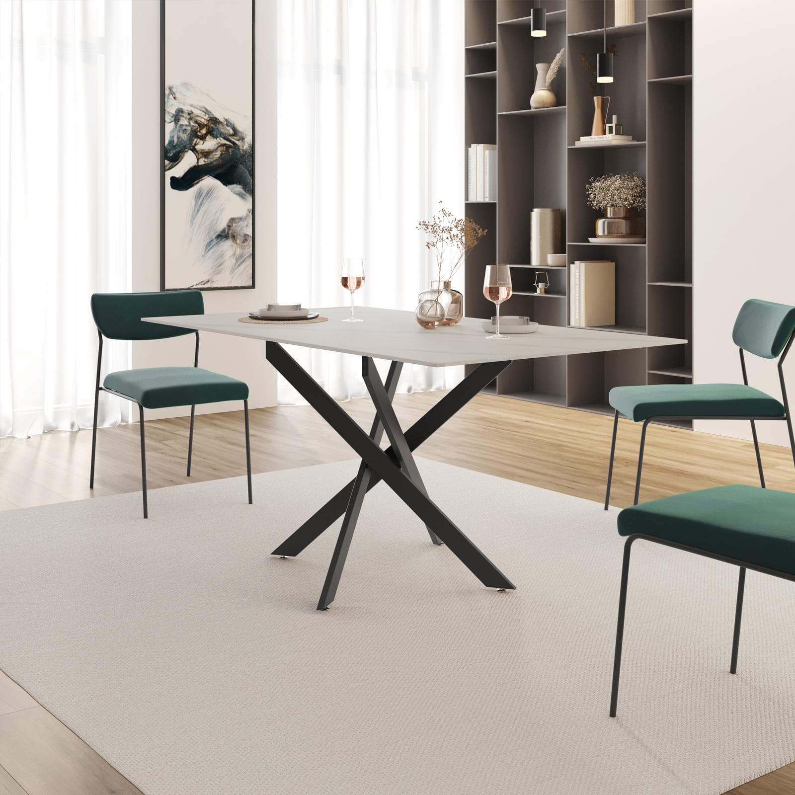 Tavolo 160x90 cm piano in ceramica bianco 12 mm e gambe incrociate nere - Noel