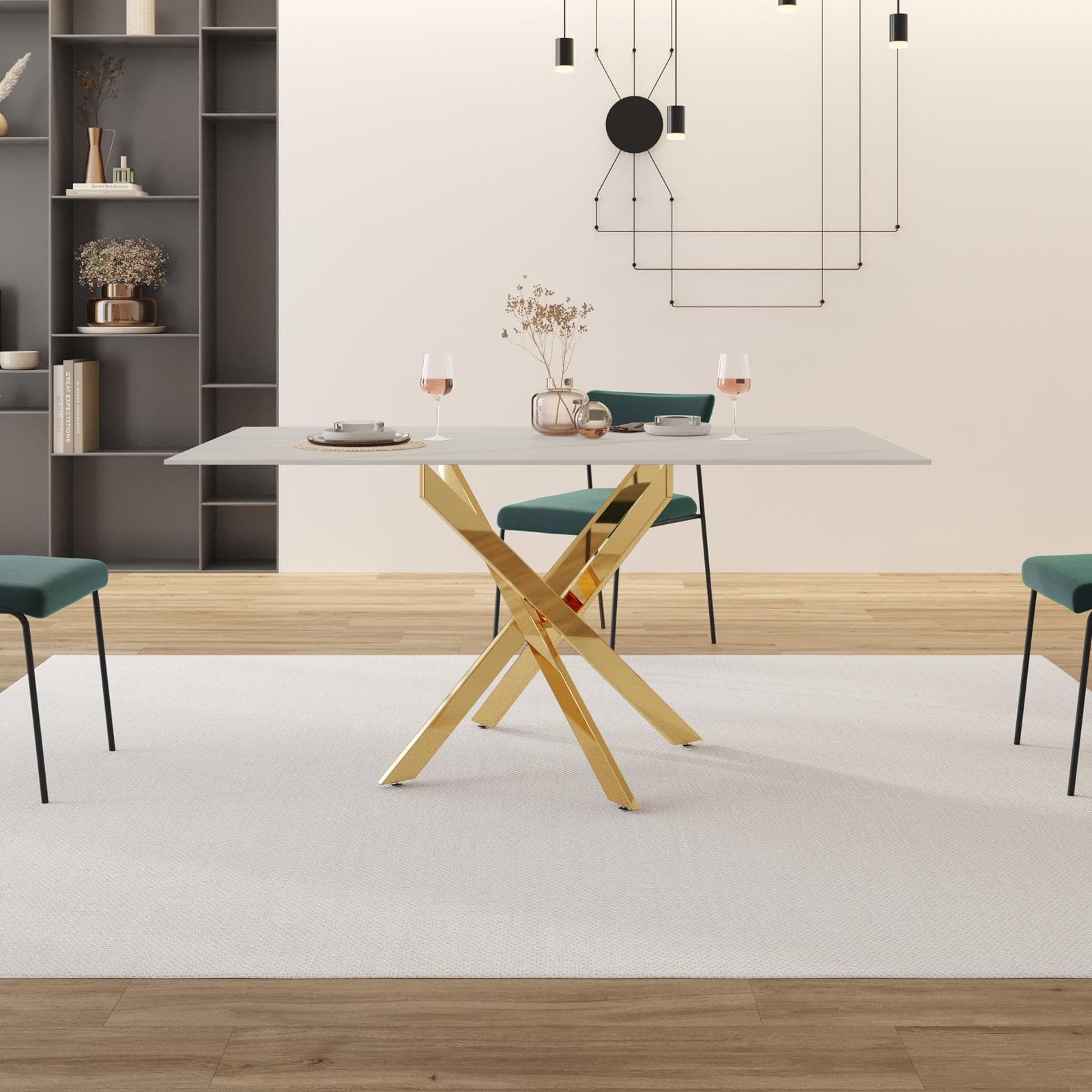 Tavolo 160x90 cm piano in ceramica bianco 12 mm e gambe incrociate oro - Noel