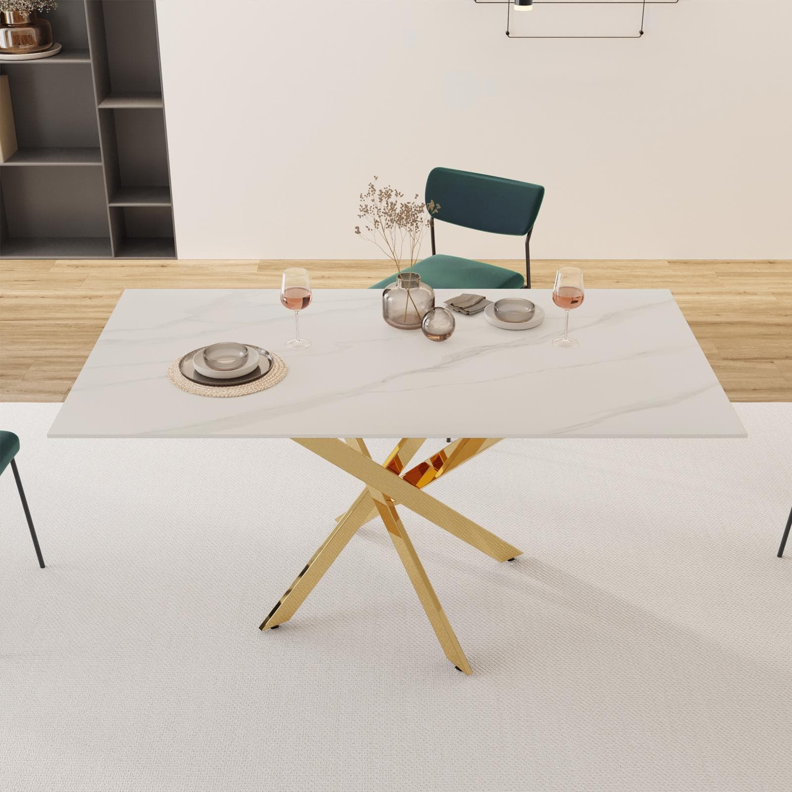 Tavolo 160x90 cm piano in ceramica bianco 12 mm e gambe incrociate oro - Noel