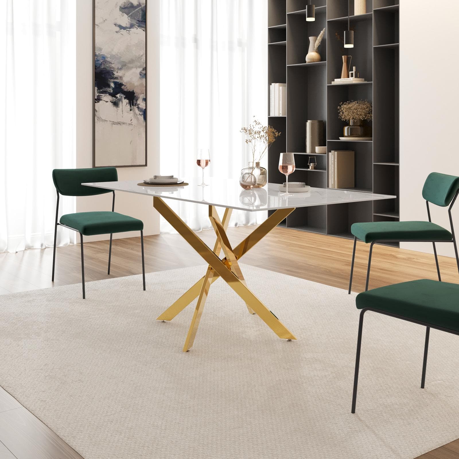 Tavolo 160x90 cm piano in vetro effetto marmo bianco 10 mm e gambe incrociate oro - Noel