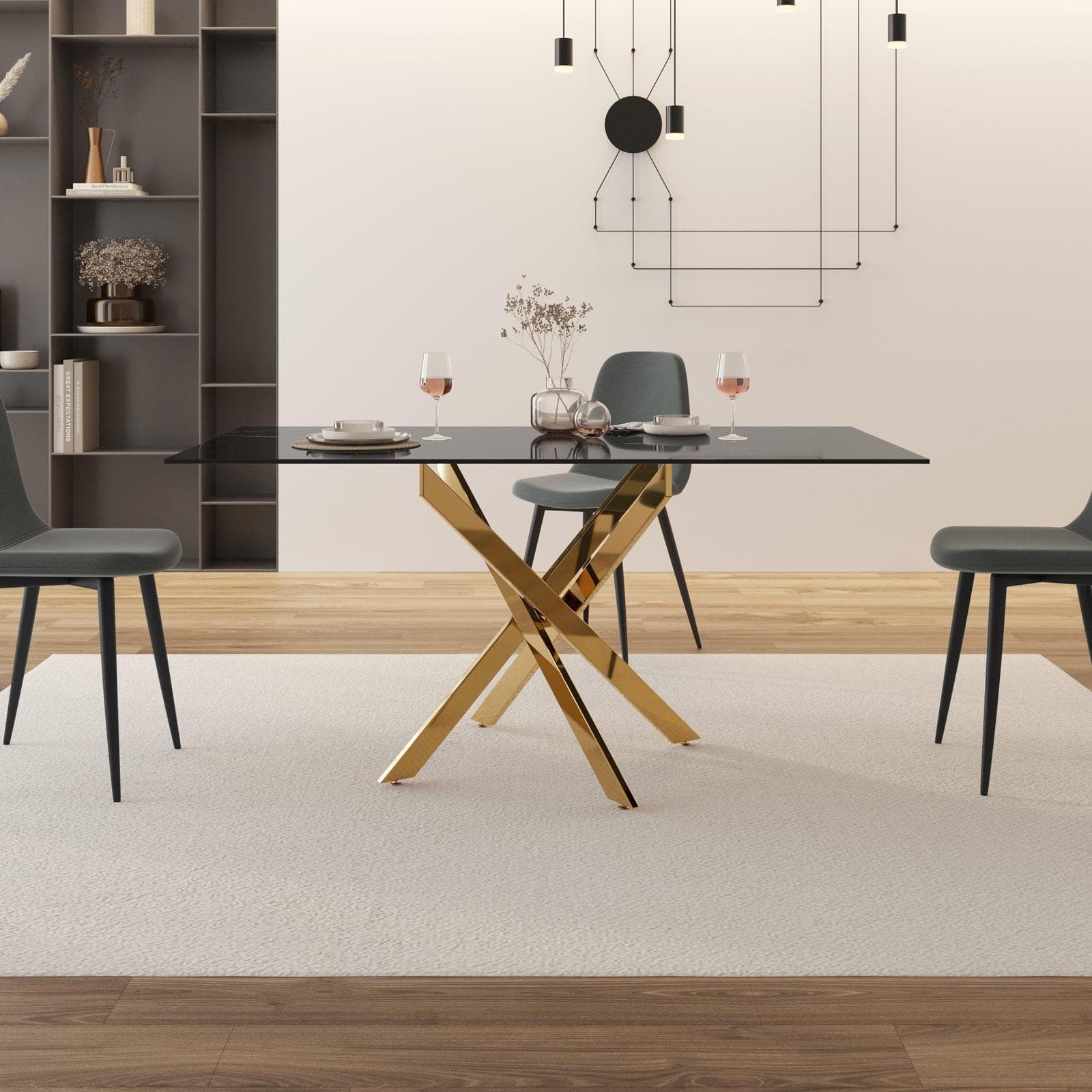 Tavolo 160x90 cm piano in vetro effetto marmo nero 10 mm e gambe incrociate oro - Noel