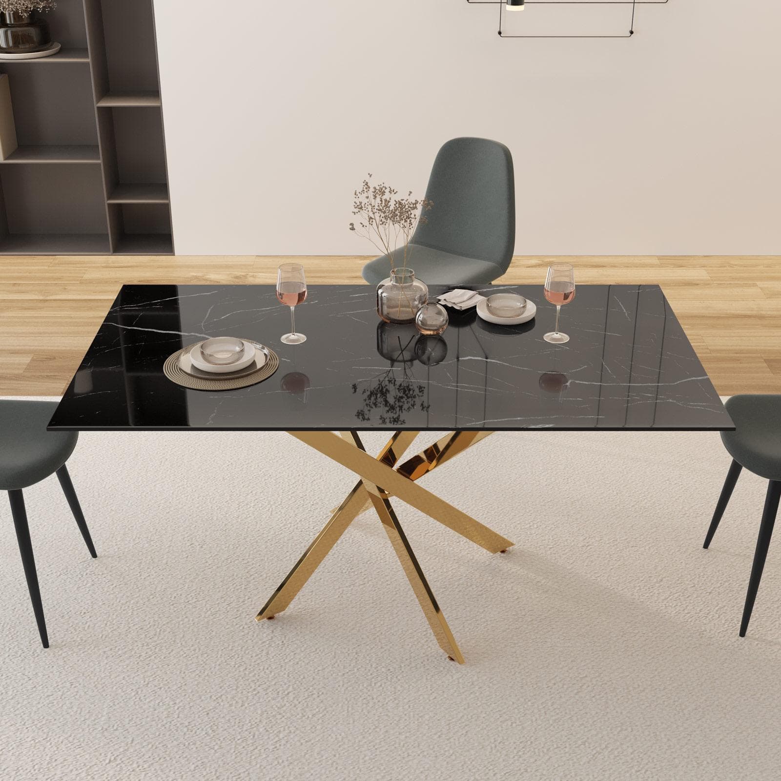 Tavolo 160x90 cm piano in vetro effetto marmo nero 10 mm e gambe incrociate oro - Noel