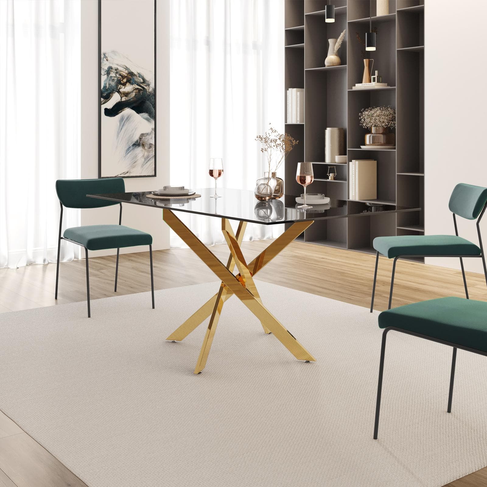 Tavolo 160x90 cm piano in vetro fumè 10 mm e gambe incrociate oro - Noel