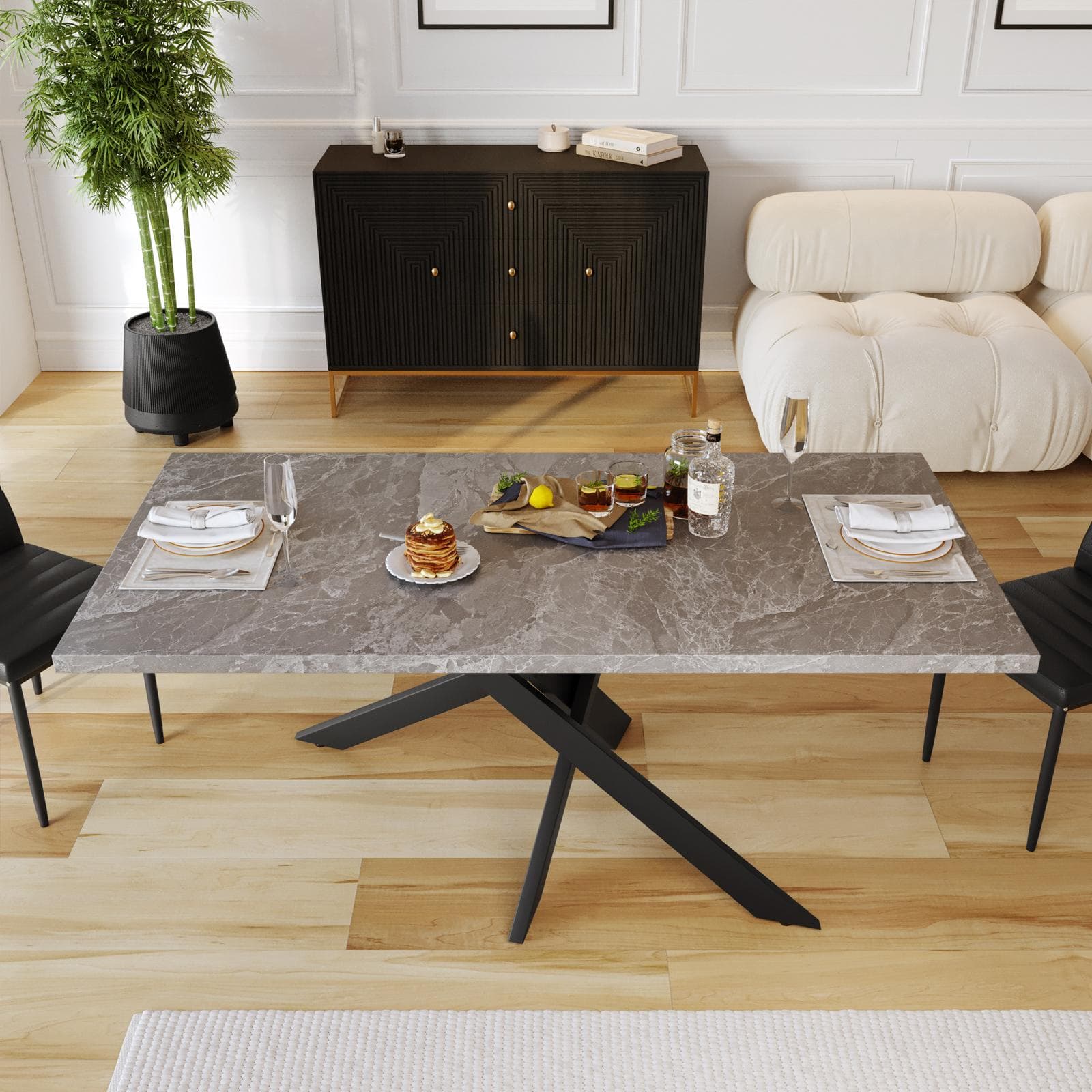 Tavolo 180x90 cm piano in legno effetto marmo e gambe nere asimmetriche - Asterisco