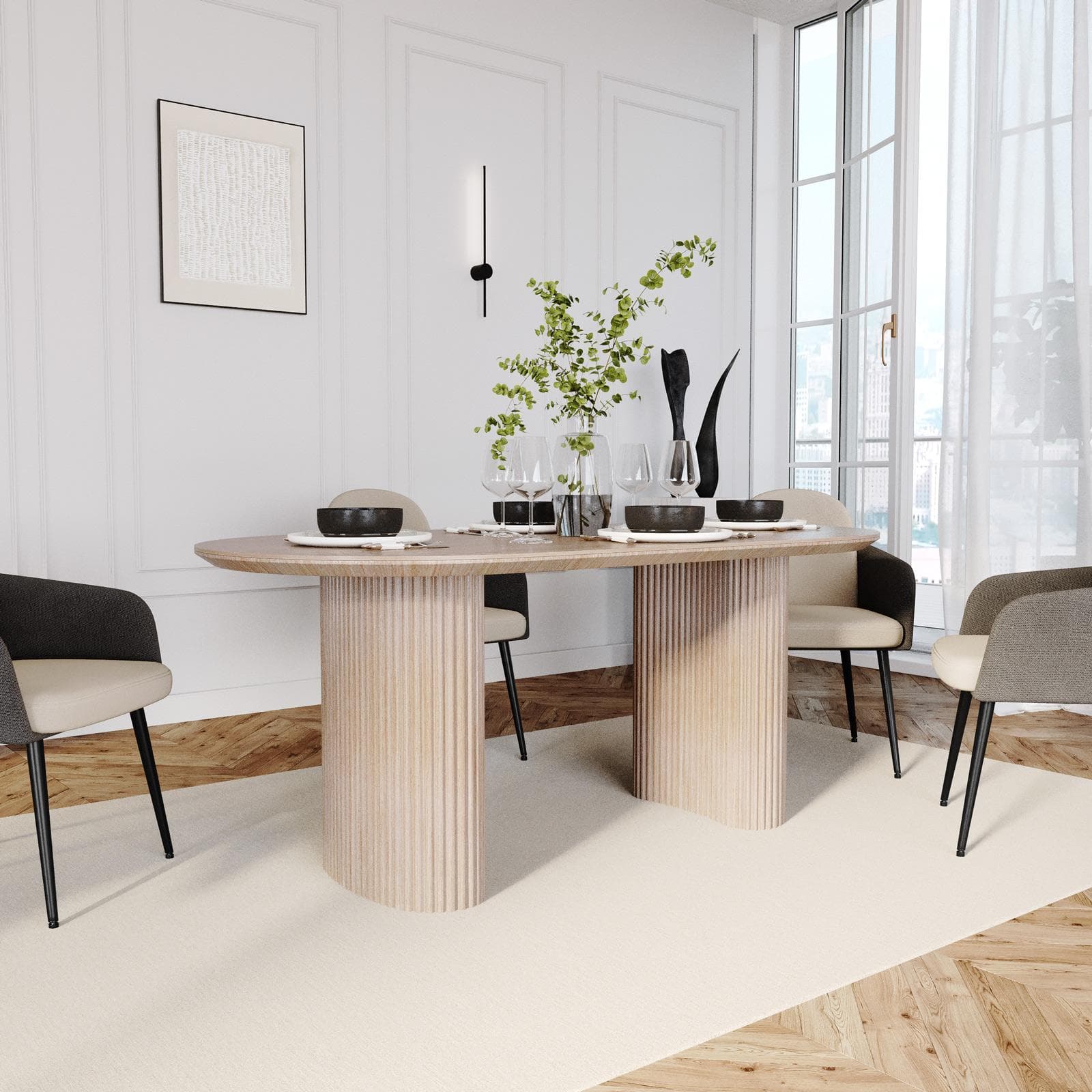 Tavolo 180x90 cm effetto travertino e gambe cannettate - Altum