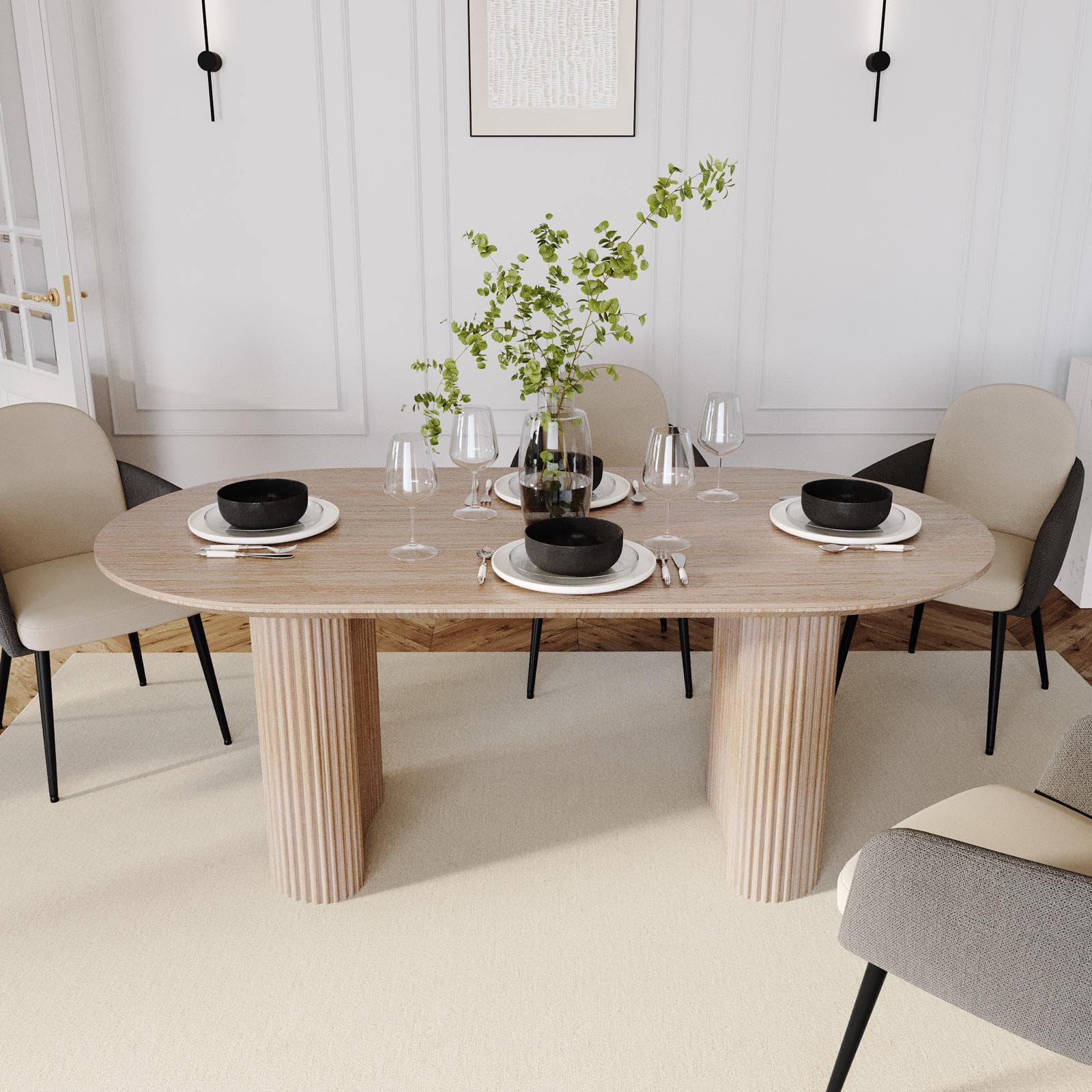 Tavolo 180x90 cm effetto travertino e gambe cannettate - Altum