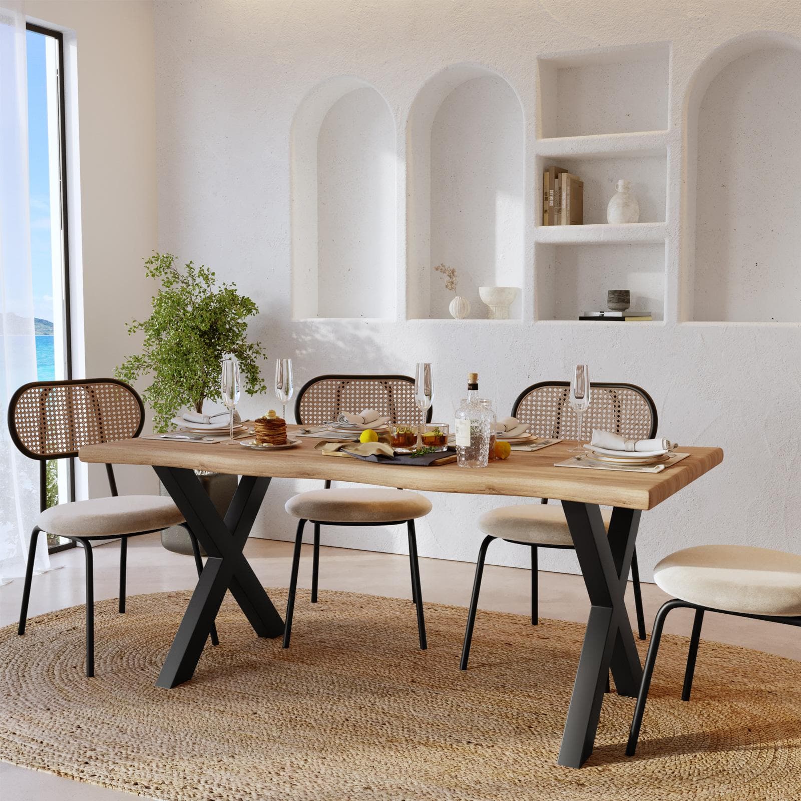 Tavolo 180x90 cm top 5 cm in legno rovere chiaro e gambe a X in metallo nero - Swan