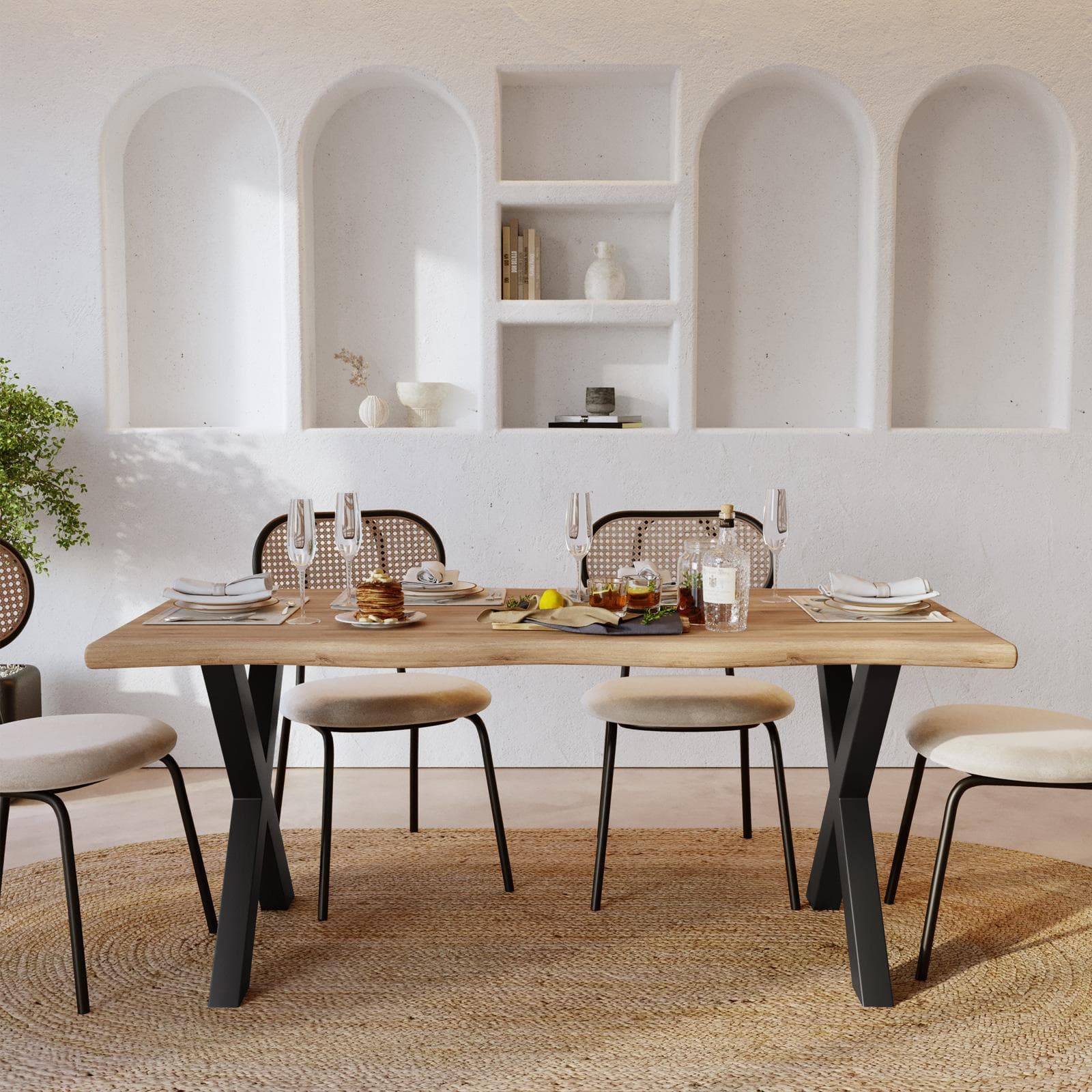 Tavolo 180x90 cm top 5 cm in legno rovere chiaro e gambe a X in metallo nero - Swan