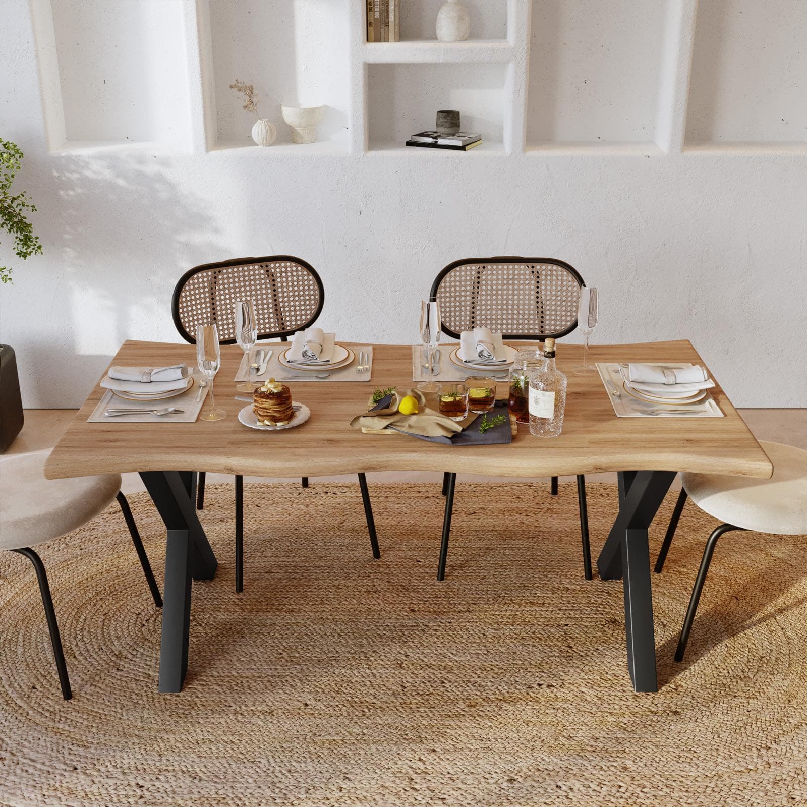 Tavolo 180x90 cm top 5 cm in legno rovere chiaro e gambe a X in metallo nero - Swan